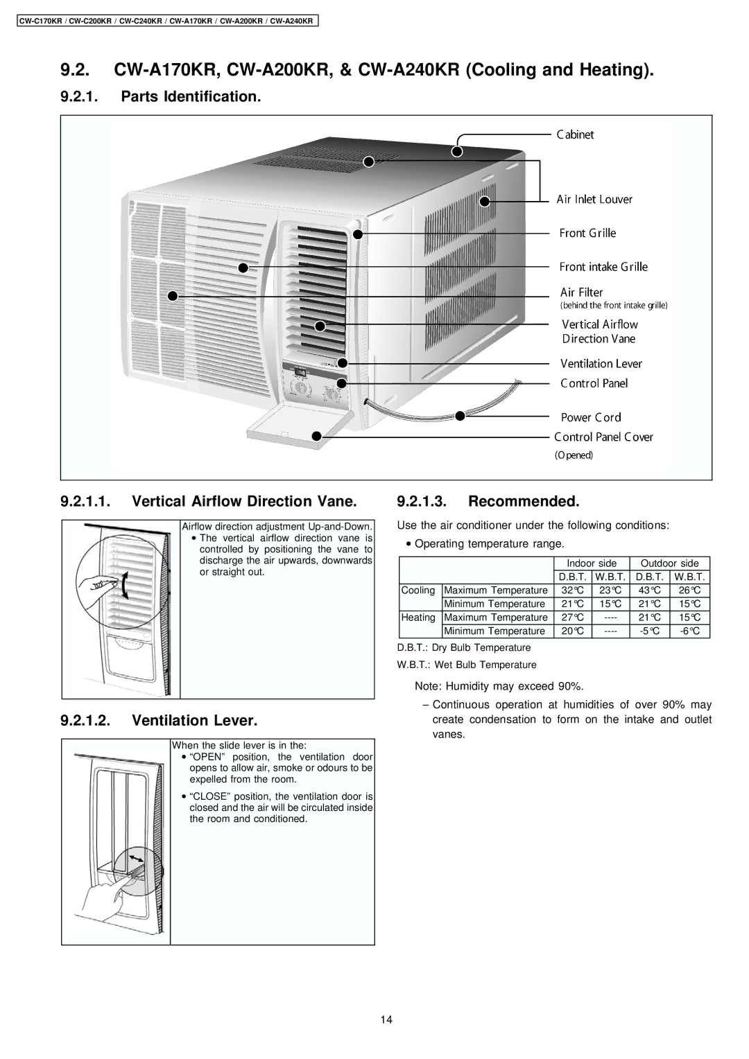 Panasonic CW-C200KR, CW-C240KR manual CW-A170KR, CW-A200KR, & CW-A240KR Cooling and Heating 