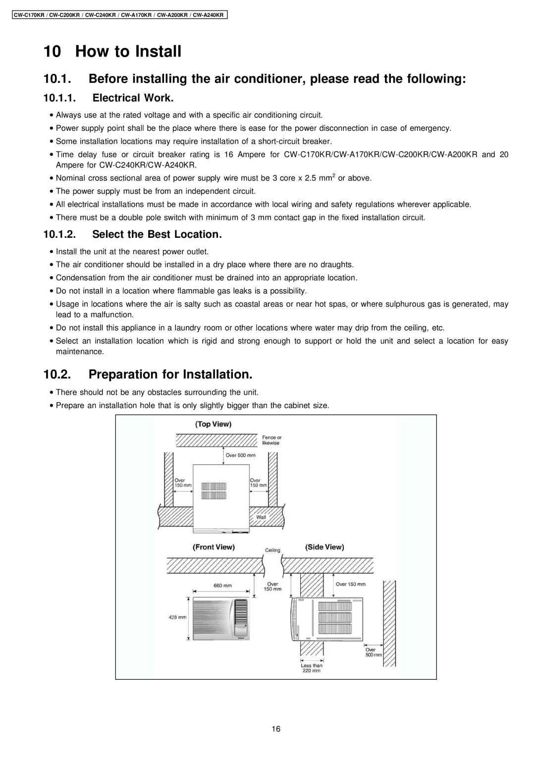 Panasonic CW-C240KR, CW-A170KR How to Install, Preparation for Installation, Electrical Work, Select the Best Location 