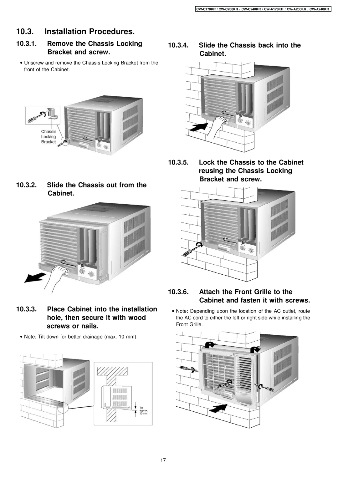 Panasonic CW-A170KR, CW-C200KR, CW-C240KR manual Installation Procedures, Remove the Chassis Locking Bracket and screw 