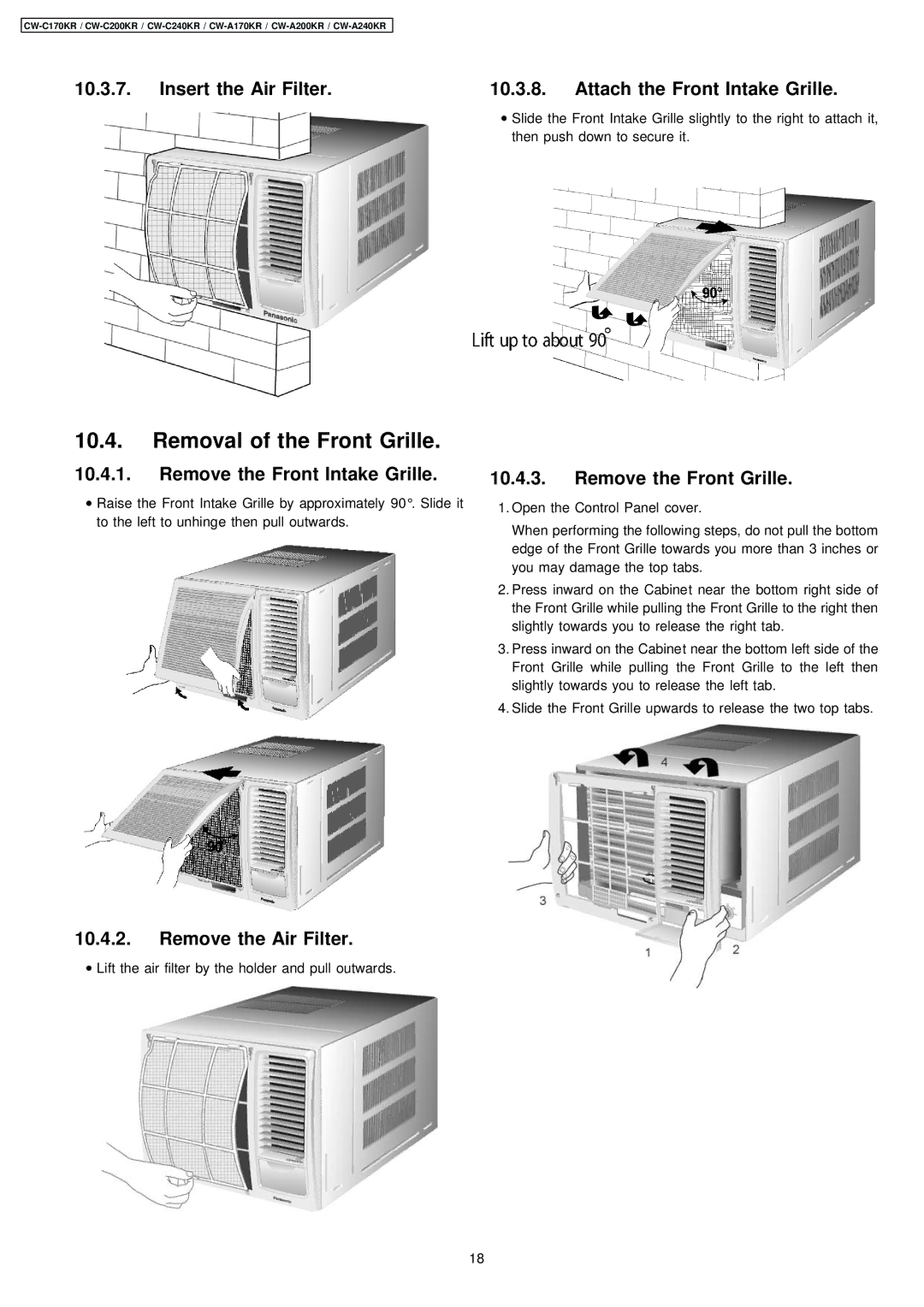 Panasonic CW-C200KR, CW-A170KR, CW-C240KR manual Removal of the Front Grille 