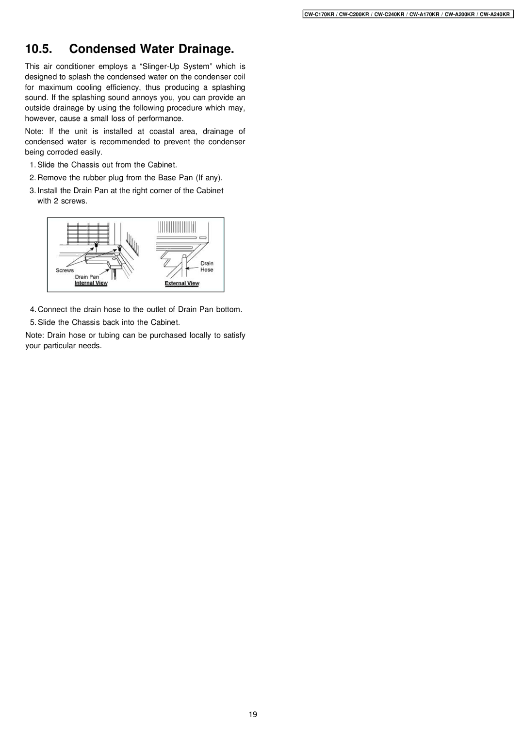 Panasonic CW-C240KR, CW-A170KR, CW-C200KR manual Condensed Water Drainage 