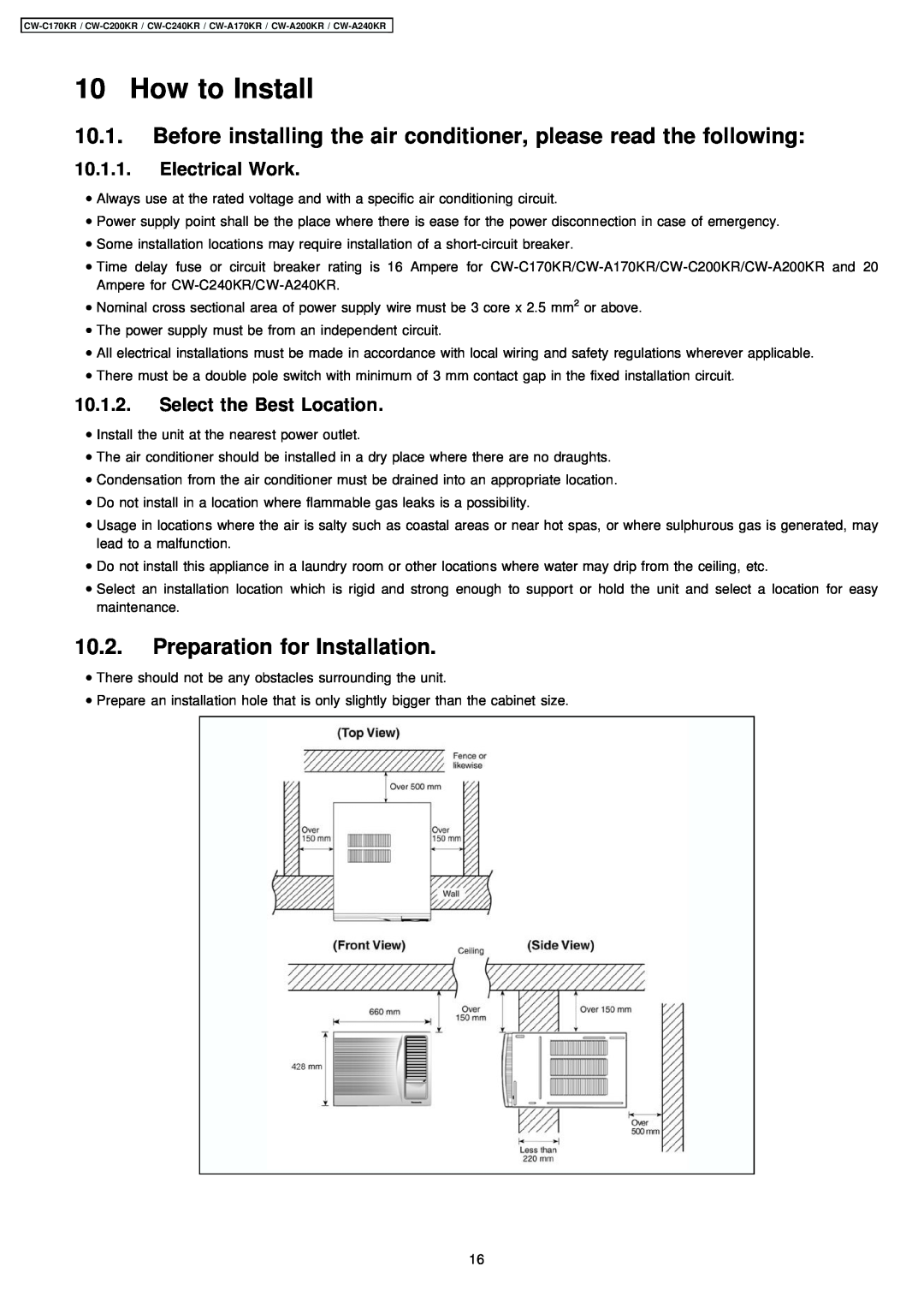 Panasonic CW-C240KR, CW-A170KR How to Install, Preparation for Installation, Electrical Work, Select the Best Location 
