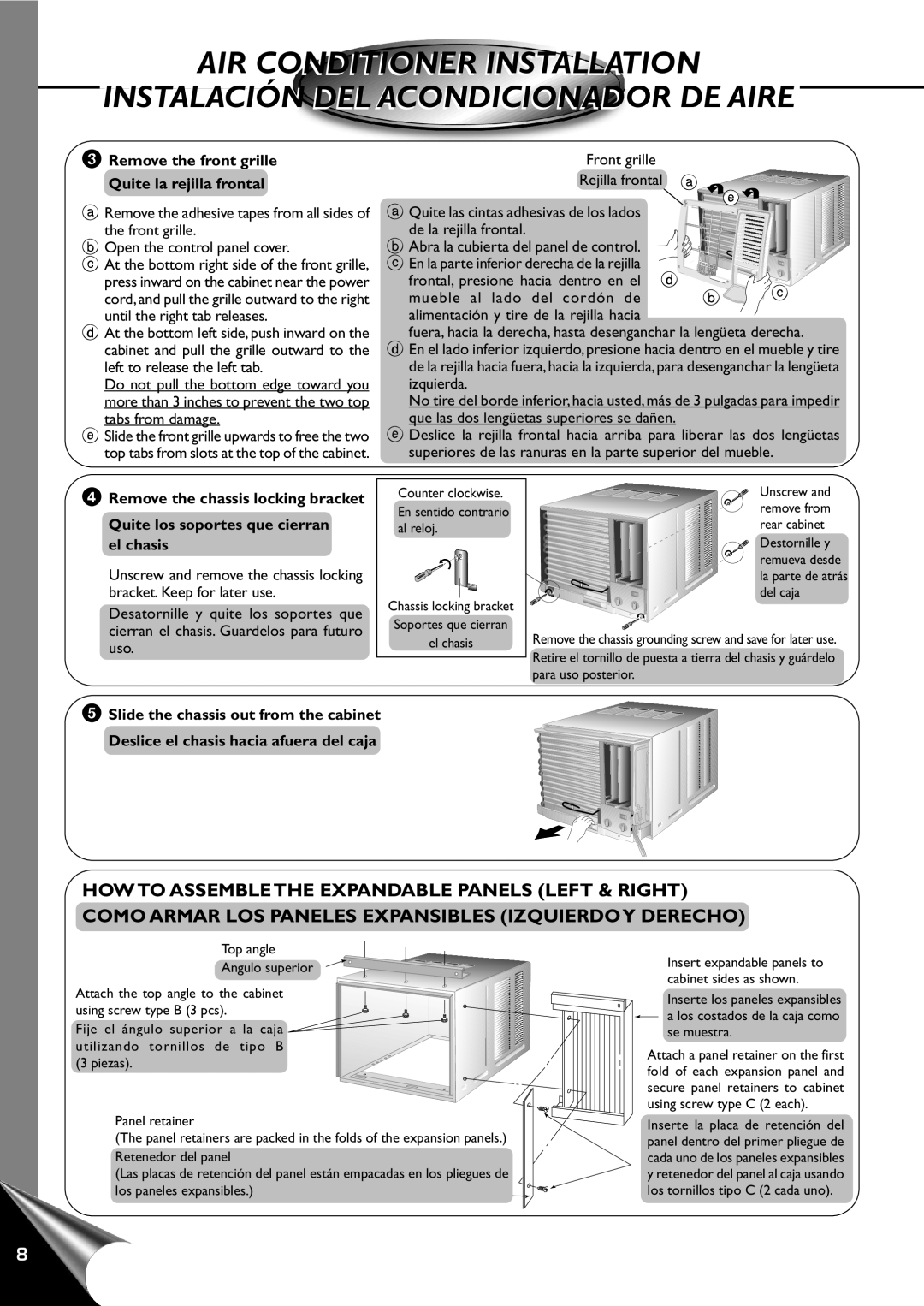 Panasonic CW-C120AU manual Air Conditioner Installation, Instalación Del Acondicionador De Aire, 3Remove the front grille 