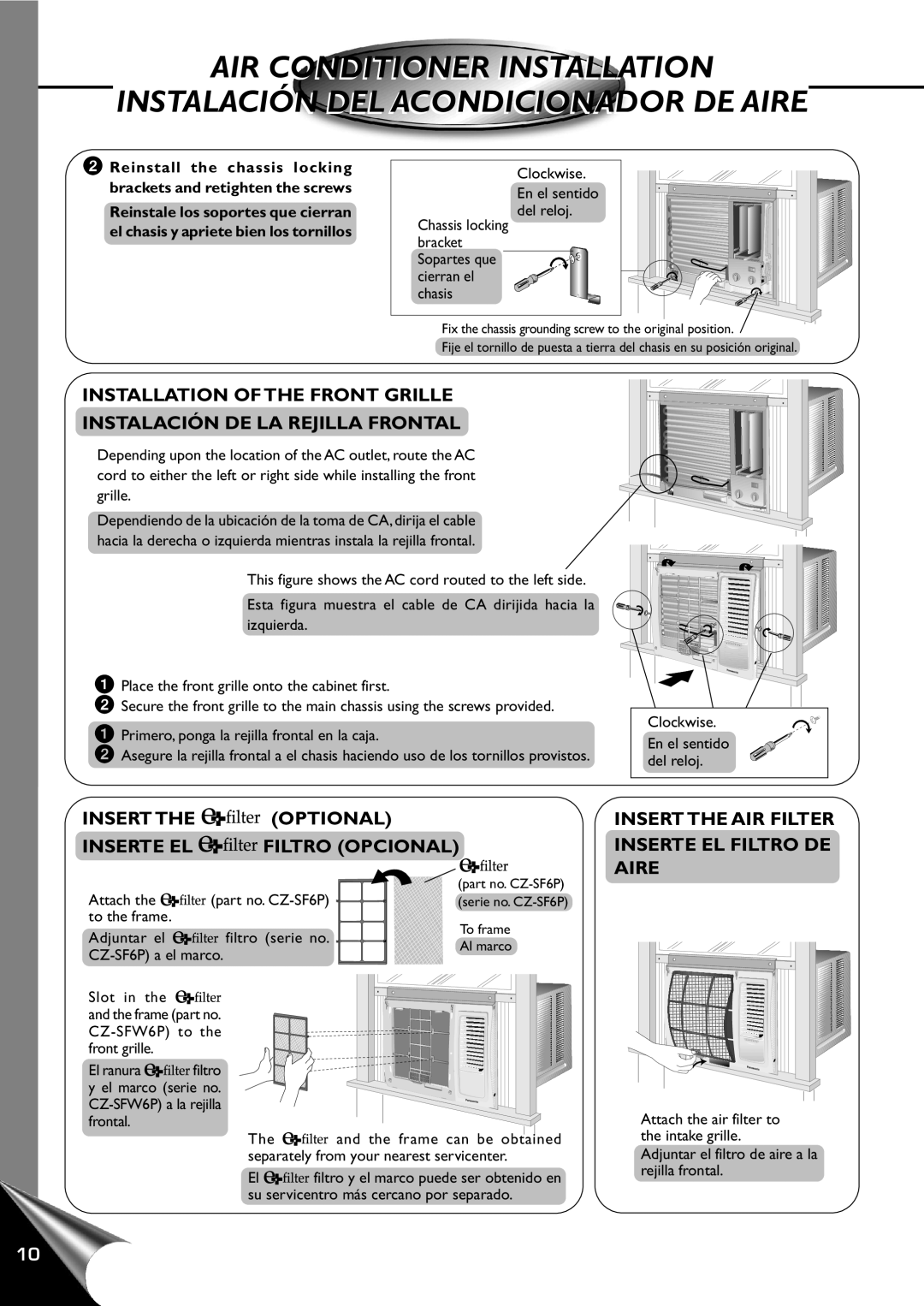 Panasonic CW-C120AU Installation Of The Front Grille, Instalación De La Rejilla Frontal, Air Conditioner Installation 