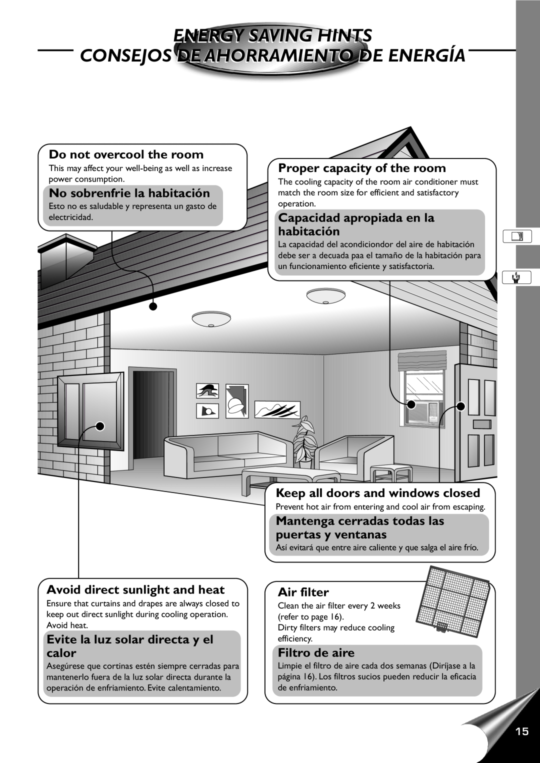 Panasonic CW-C100AU manual Energy Saving Hints, Consejosde Ahorramiento De Energía, Do not overcool the room, Air filter 