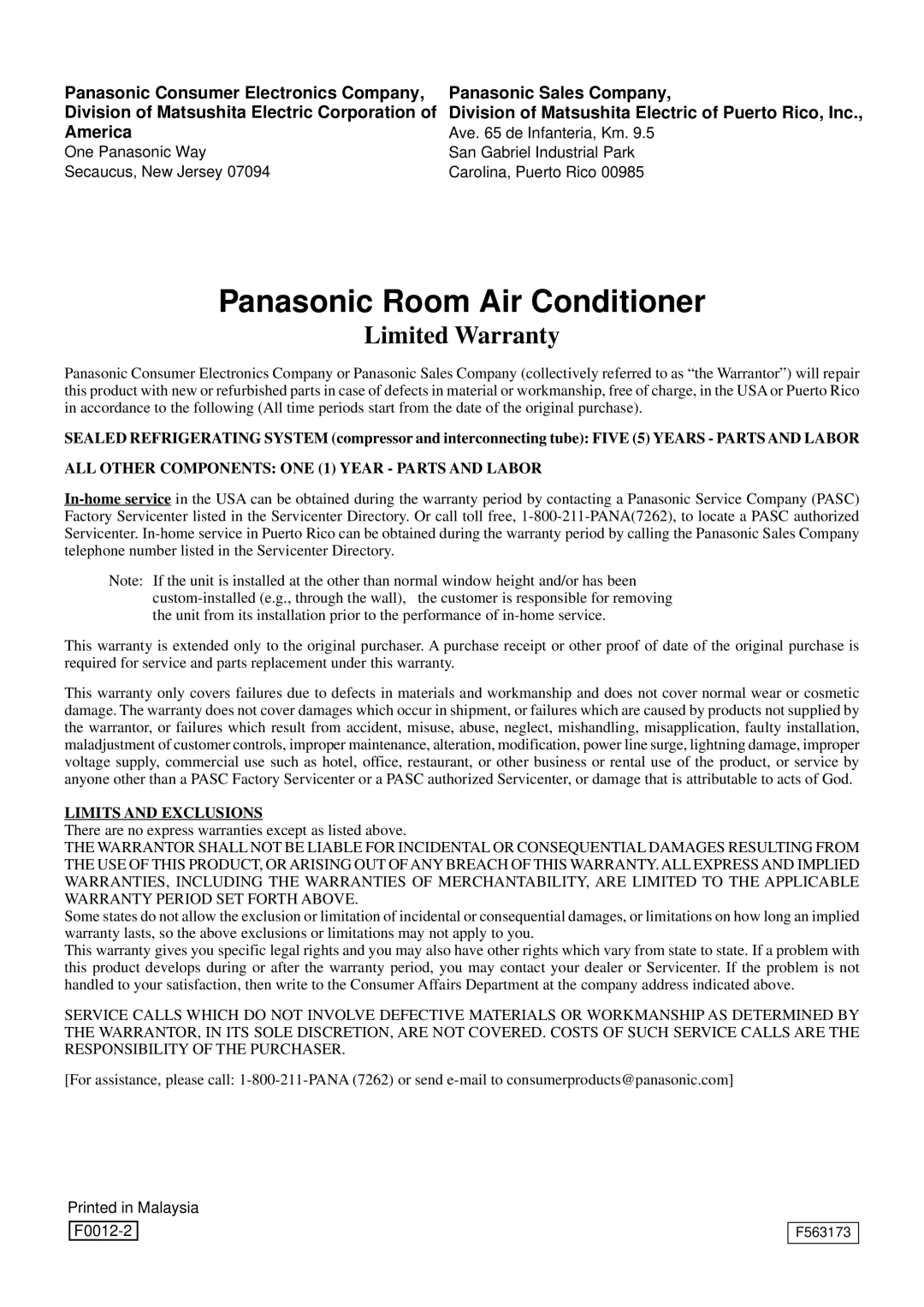 Panasonic CW-C120AU Panasonic Room Air Conditioner, Limited Warranty, Panasonic Consumer Electronics Company, America 