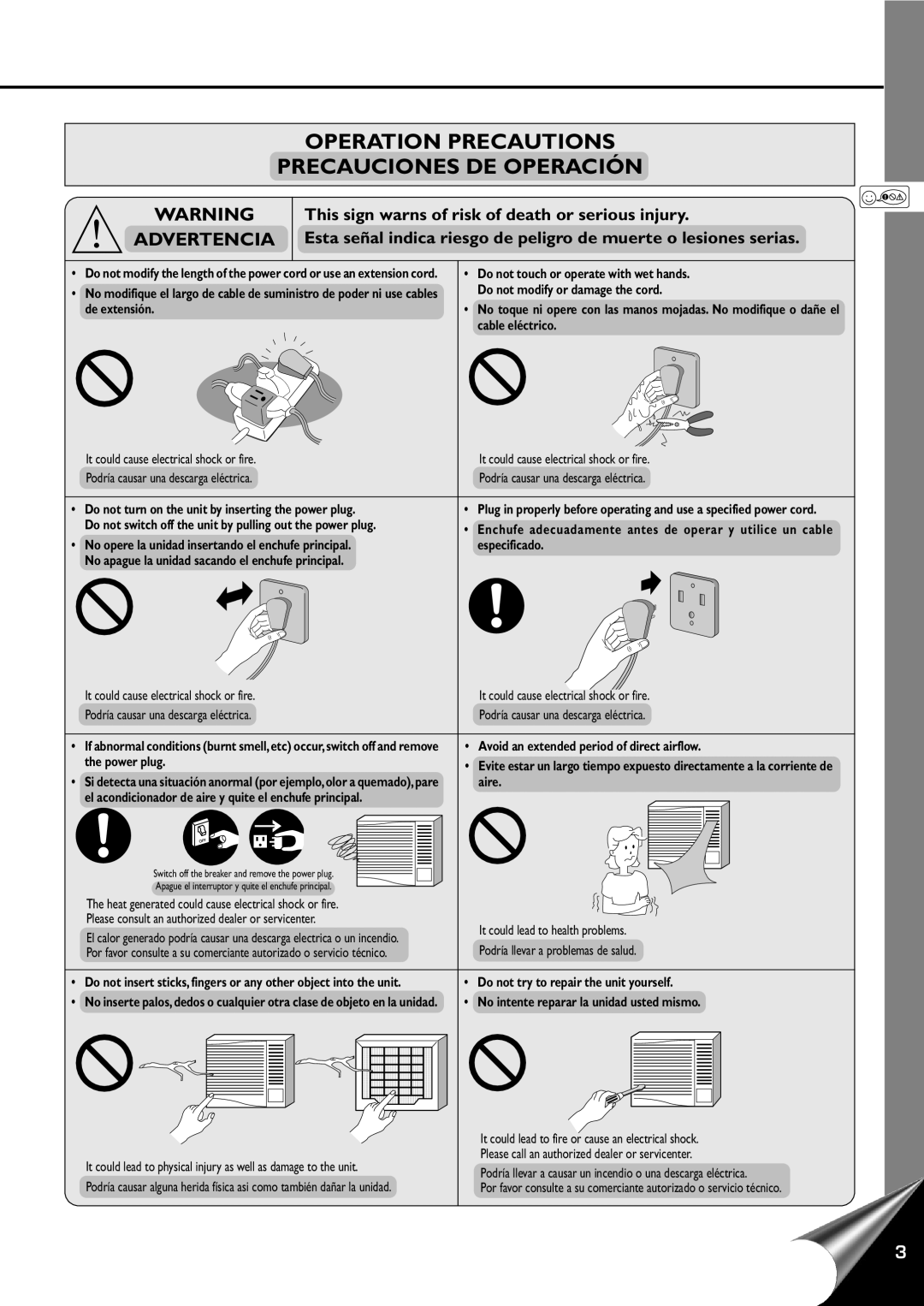 Panasonic CW-C100AU, CW-C120AU manual Operation Precautions Precauciones De Operación, Advertencia 