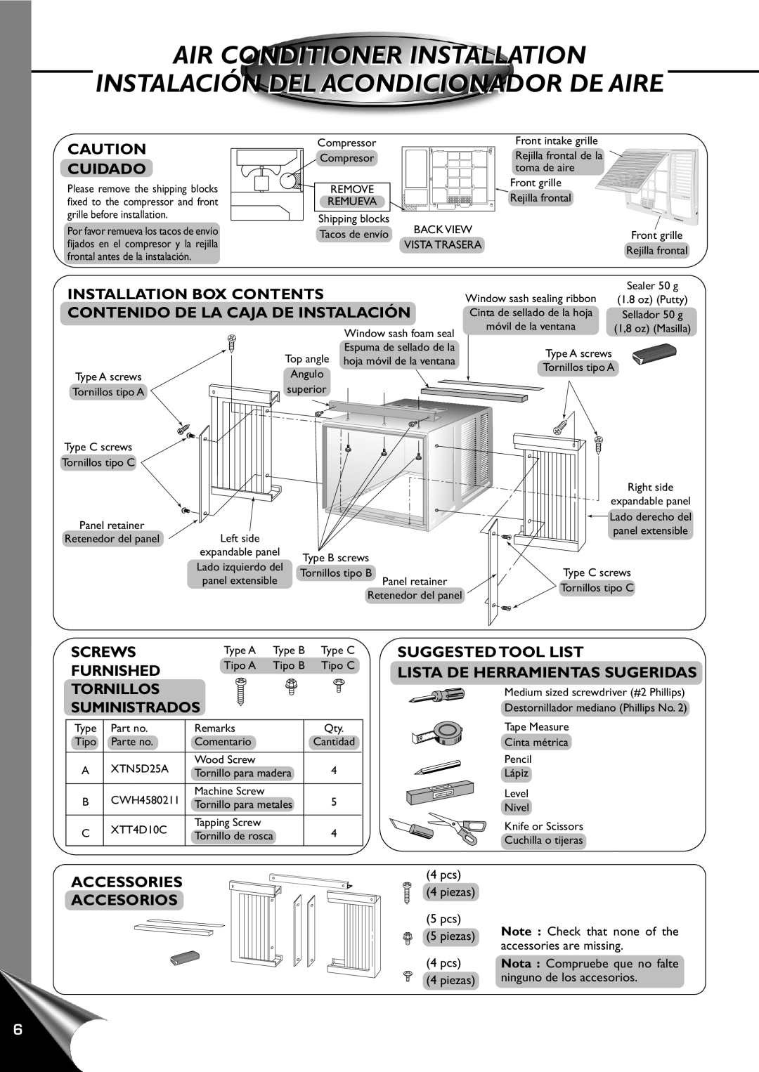 Panasonic CW-C120AU manual Air Conditioner Installation, Instalación Del Acondicionador De Aire, Installation Box Contents 