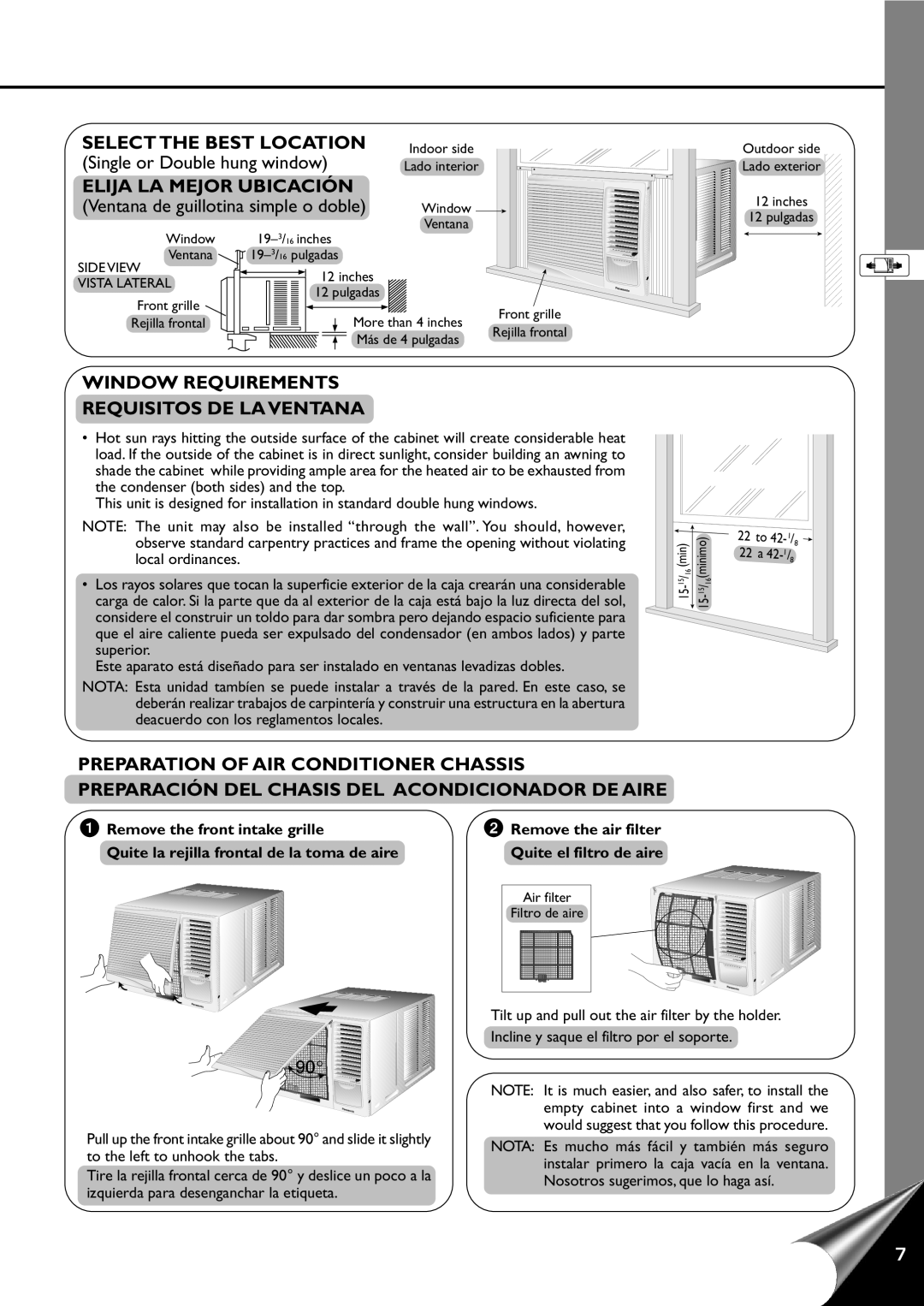 Panasonic CW-C100AU manual Select The Best Location, Elija La Mejor Ubicación, Window Requirements Requisitos De La Ventana 