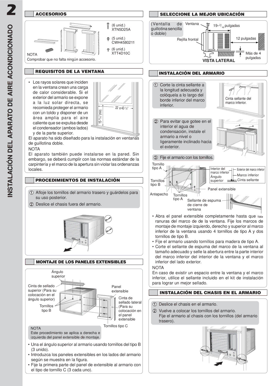 Panasonic CW-C100VU Accesorios, Requisitos DE LA Ventana, Procedimientos DE Instalación Seleccione LA Mejor Ubicación 