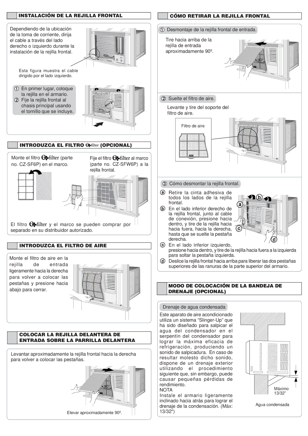 Panasonic CW-C120VU Instalación DE LA Rejilla Frontal, Cómo Retirar LA Rejilla Frontal, Introduzca EL Filtro Opcional 