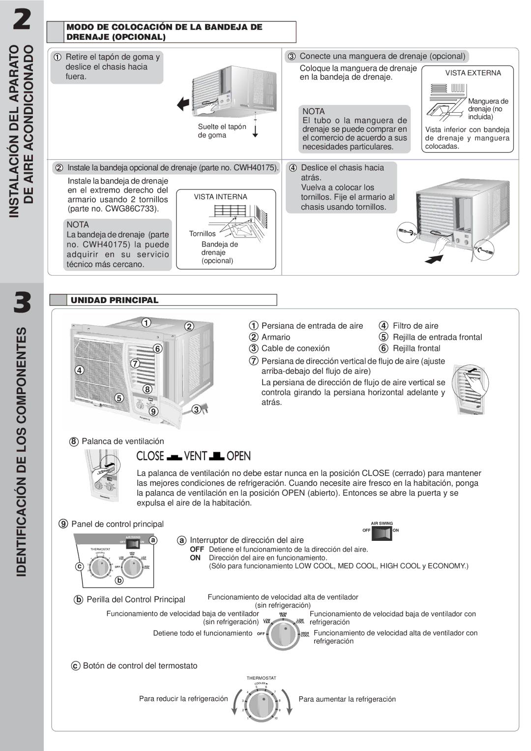 Panasonic CW-C100VU, CW-C120VU Identificación DE LOS Componentes, Modo DE Colocación DE LA Bandeja DE Drenaje Opcional 