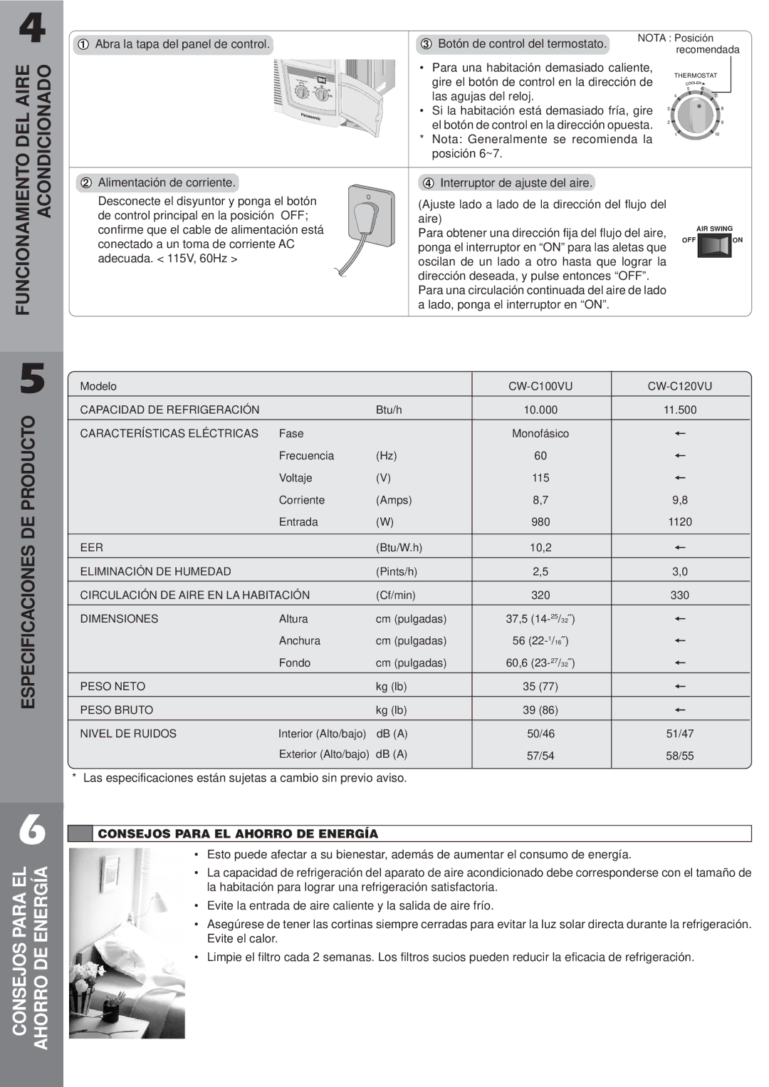 Panasonic CW-C120VU, CW-C100VU manual Consejos Para EL Ahorro DE Energía 