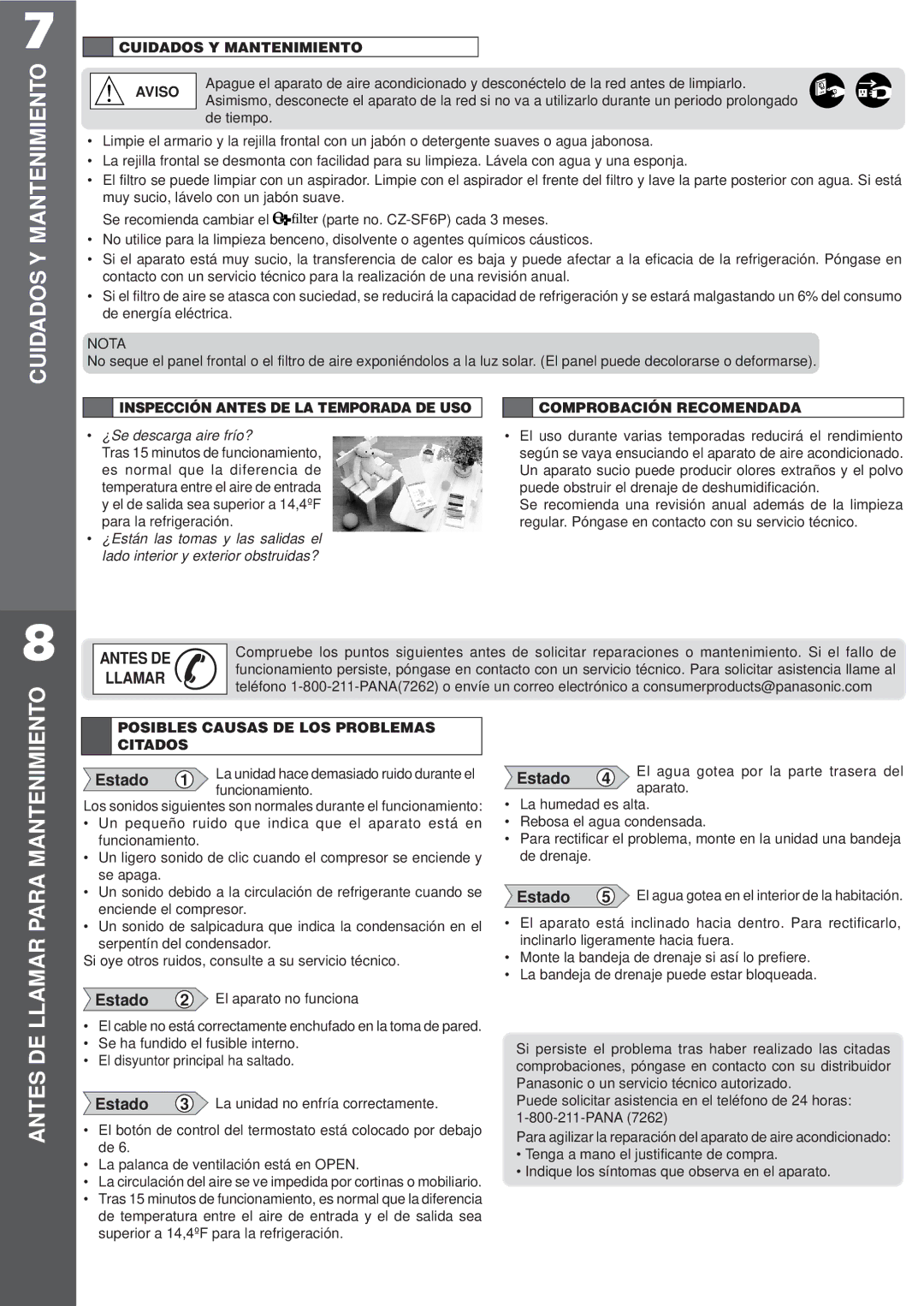 Panasonic CW-C100VU, CW-C120VU manual Cuidados Y Mantenimiento, Aviso, Posibles Causas DE LOS Problemas Citados 