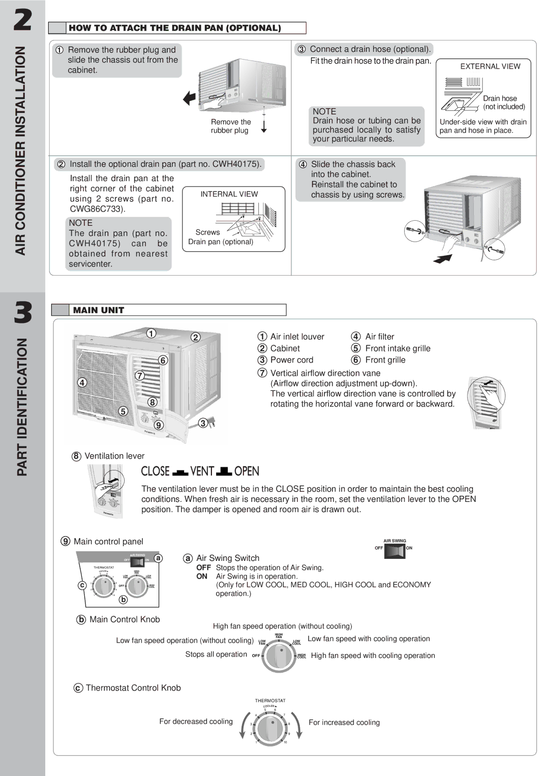 Panasonic CW-C100VU, CW-C120VU manual AIR Conditioner Installation, Part, Main Unit 