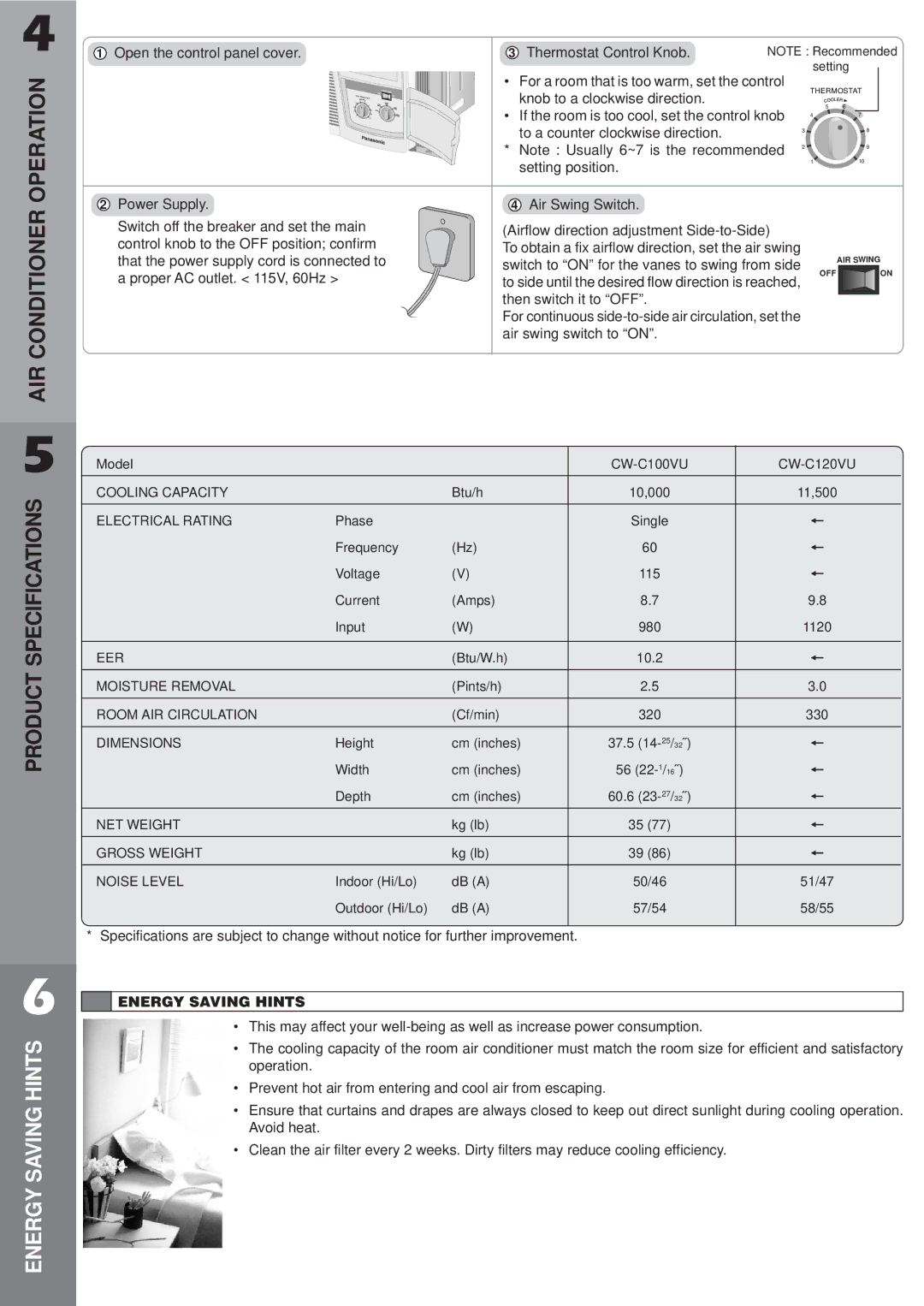 Panasonic CW-C120VU, CW-C100VU manual AIR Conditioner Operation, Energy Saving Hints 