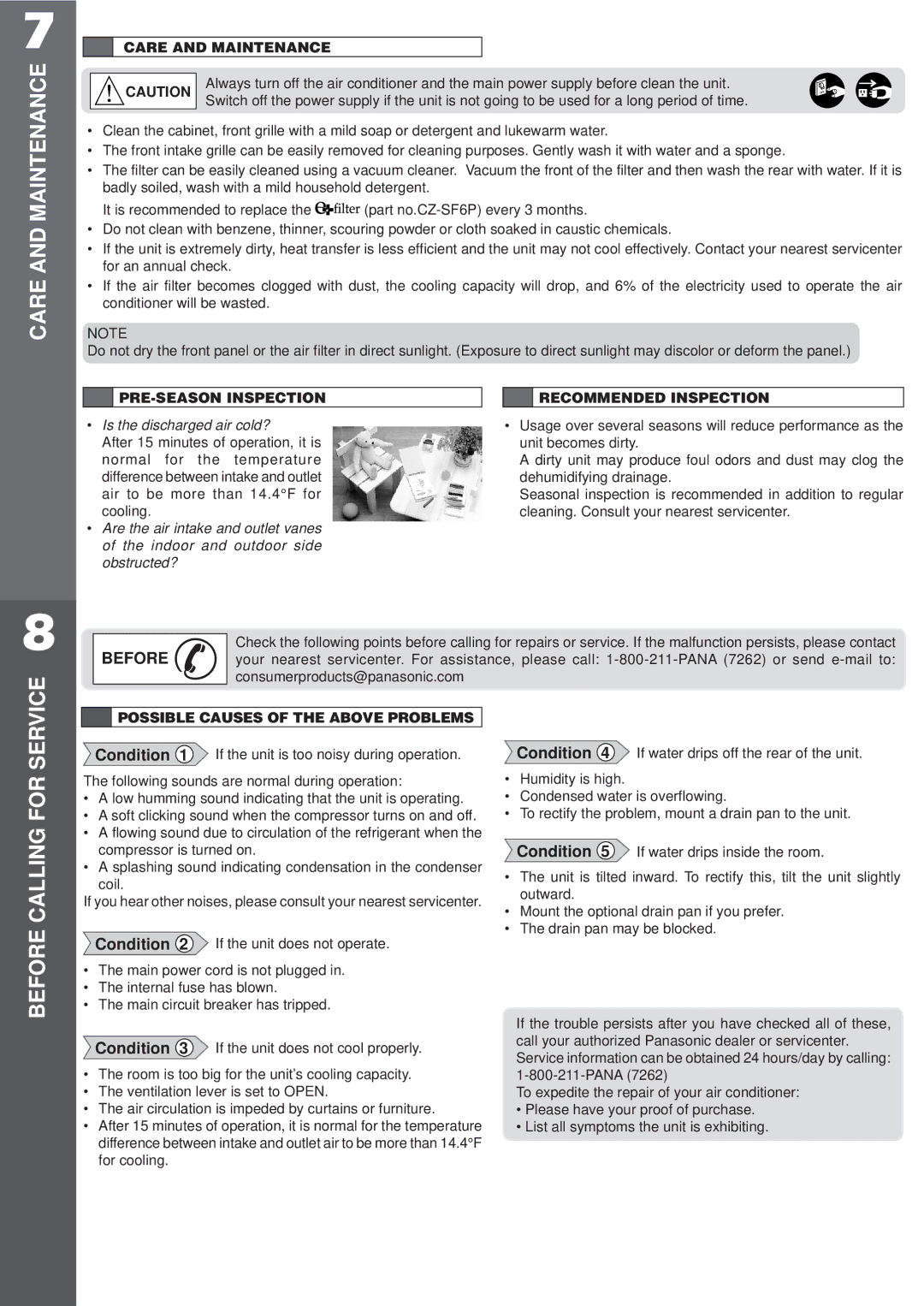 Panasonic CW-C100VU Care and Maintenance, PRE-SEASON Inspection Recommended Inspection, Consumerproducts@panasonic.com 