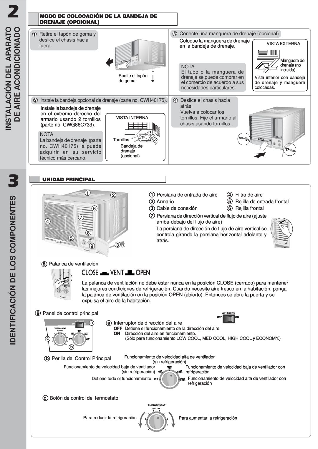 Panasonic CW-C100VU Identificación De Los Componentes, Instalación Del Aparato De Aire Acondicionado, Drenaje Opcional 