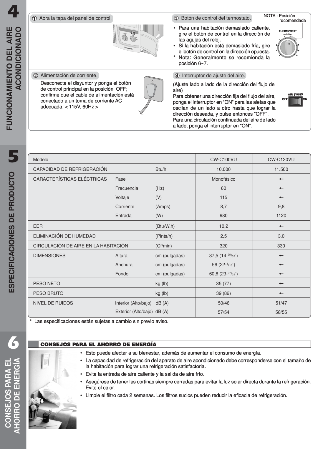 Panasonic CW-C120VU manual Especificaciones De Producto, Del Aire Acondicionado, Funcionamiento, Alimentación de corriente 