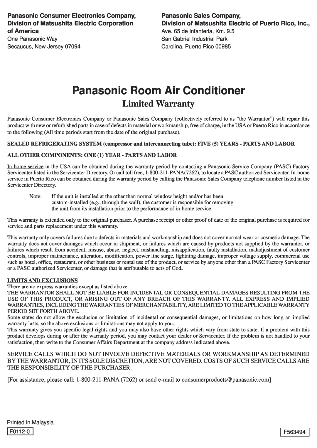 Panasonic CW-C120VU Panasonic Room Air Conditioner, Limited Warranty, Panasonic Consumer Electronics Company, of America 