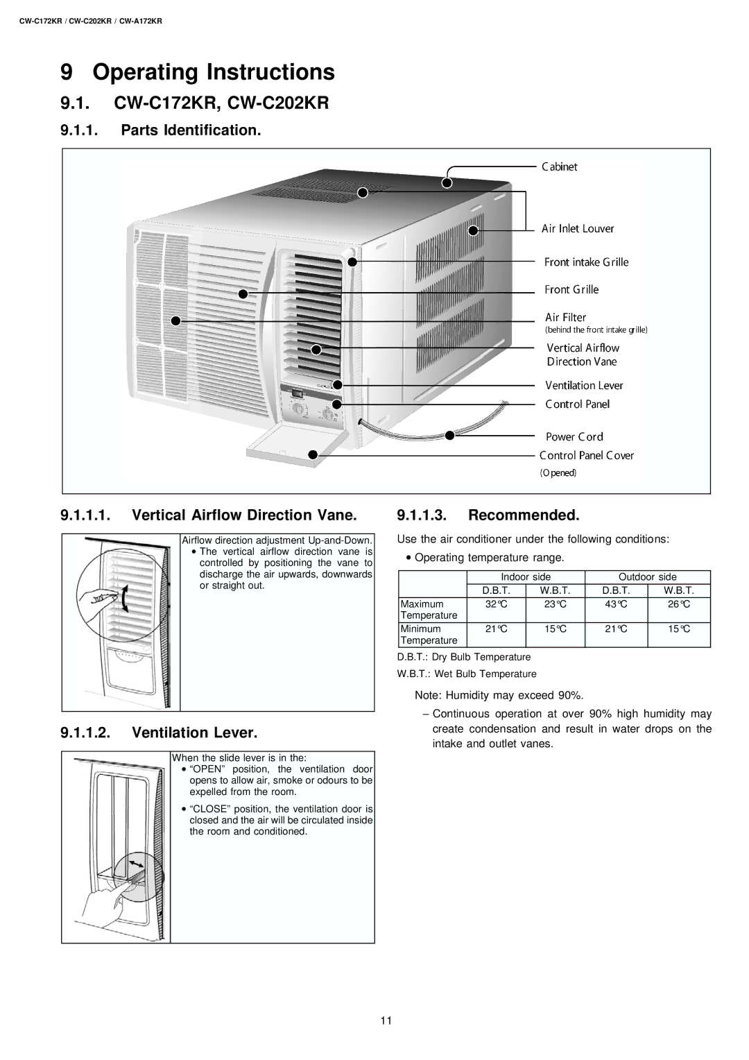 Panasonic operating instructions Operating Instructions, CW-C172KR, CW-C202KR, Ventilation Lever 