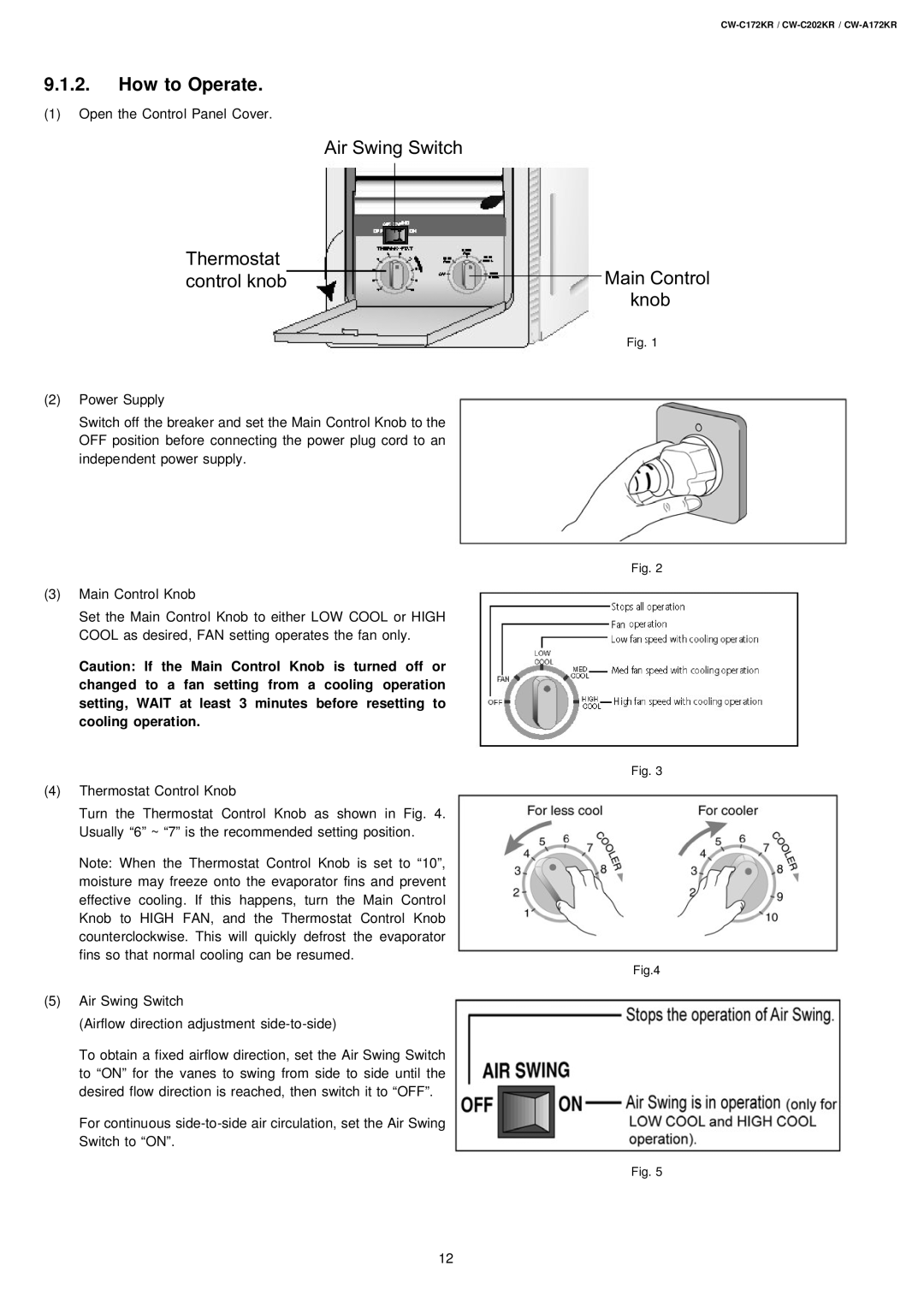 Panasonic CW-C172KR, CW-C202KR operating instructions How to Operate, Air Swing Switch Thermostat control knob 