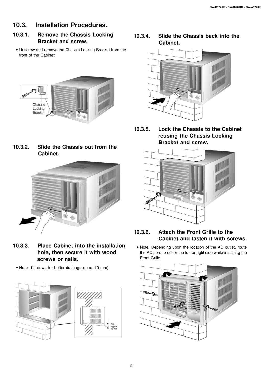 Panasonic CW-C172KR, CW-C202KR operating instructions Installation Procedures, Remove the Chassis Locking Bracket and screw 