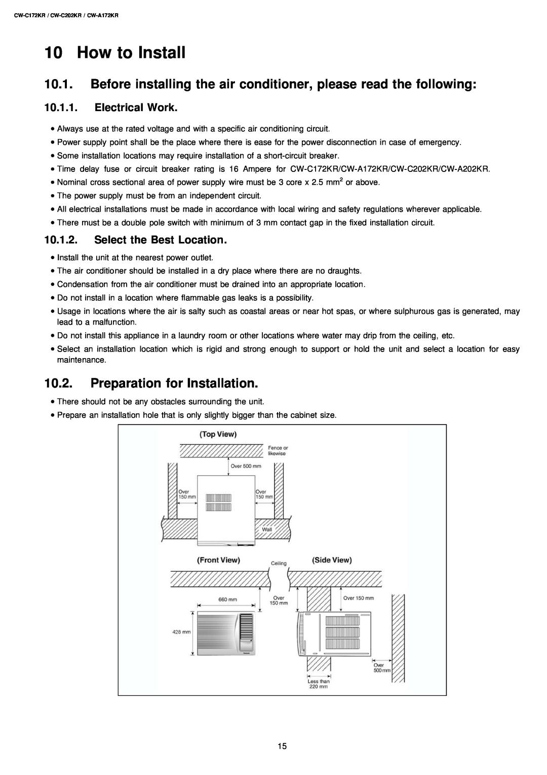 Panasonic CW-C202KR, CW-C172KR How to Install, Preparation for Installation, Electrical Work, Select the Best Location 