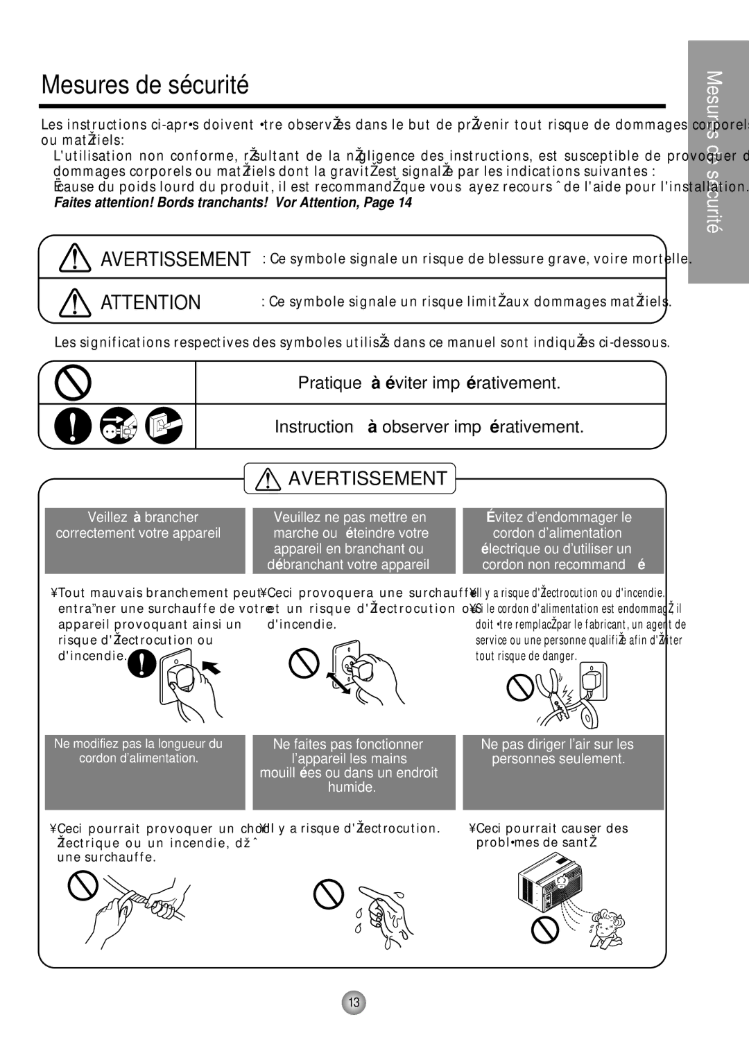 Panasonic CW-C53GK, CW-C53HU operating instructions Mesures de sécurité, Faites attention! Bords tranchants! Vor Attention 