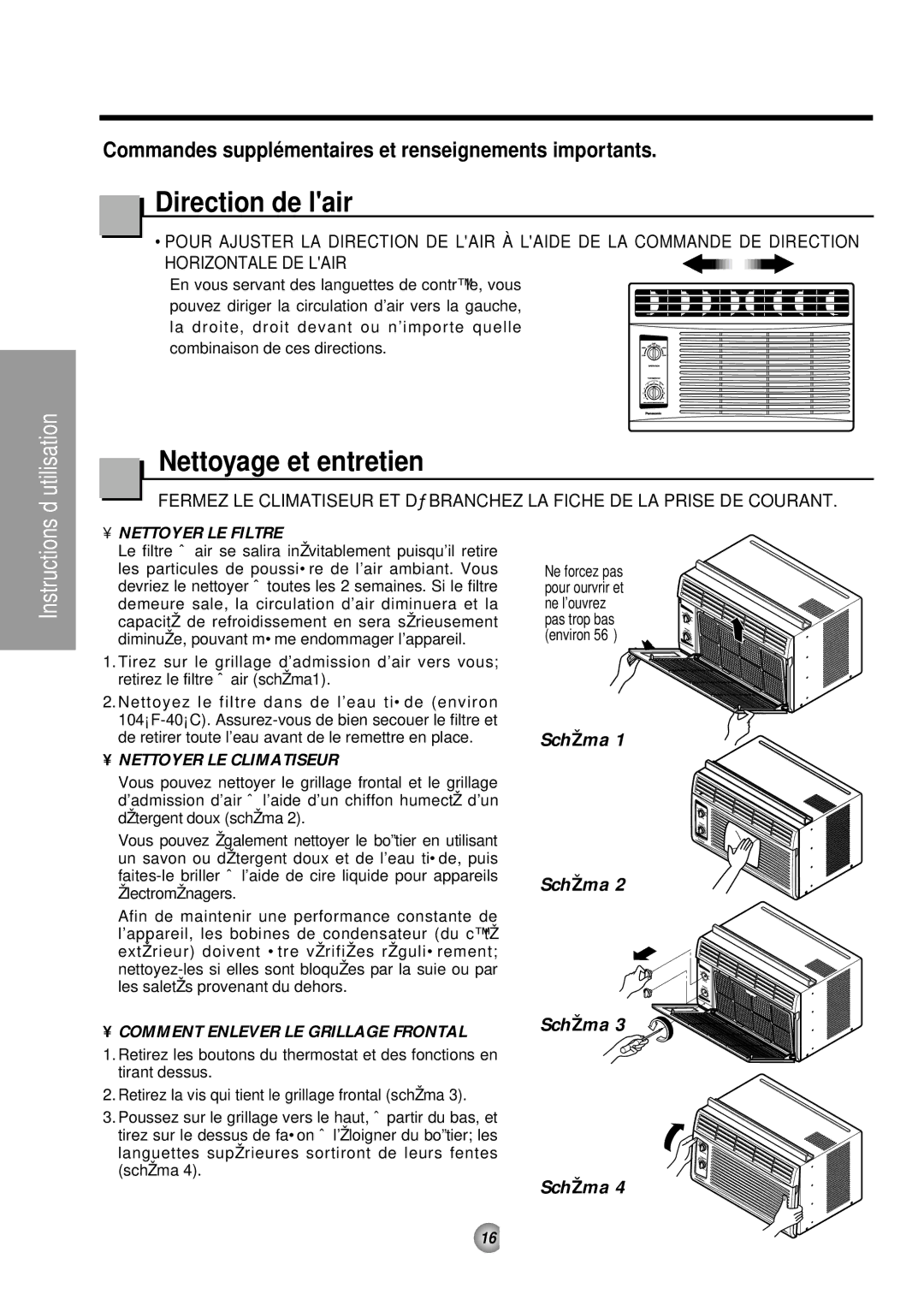 Panasonic CW-C53HU, CW-C53GK operating instructions Direction de lair, Nettoyage et entretien 