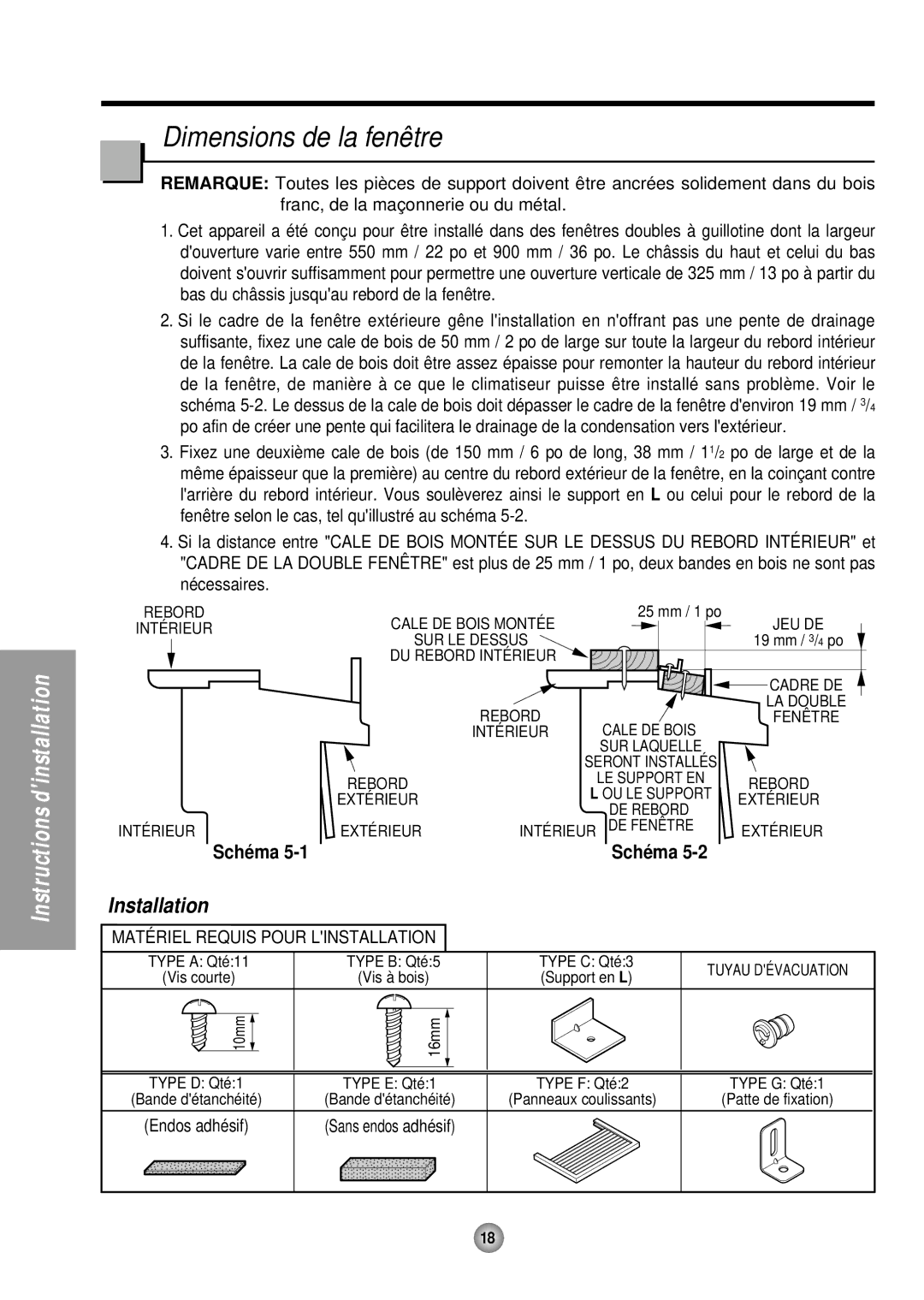 Panasonic CW-C53HU, CW-C53GK operating instructions Dimensions de la fenêtre, 25 mm / 1 po 