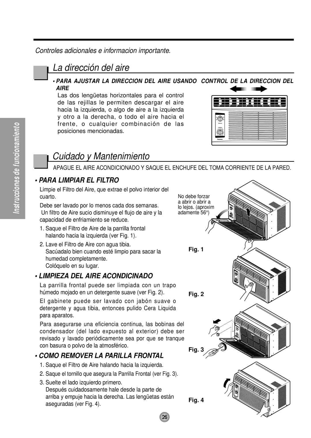 Panasonic CW-C53HU La dirección del aire, Cuidado y Mantenimiento, Para Limpiar EL Filtro, Limpieza DEL Aire Acondicinado 