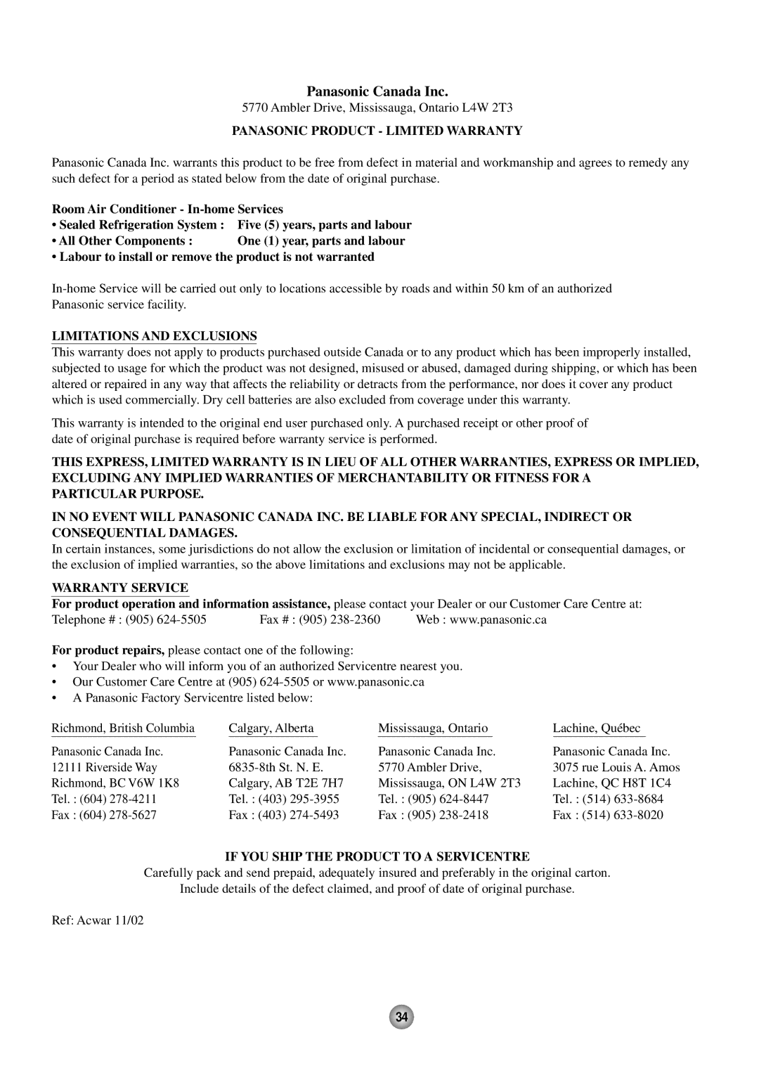 Panasonic CW-C53HU, CW-C53GK operating instructions Panasonic Canada Inc 