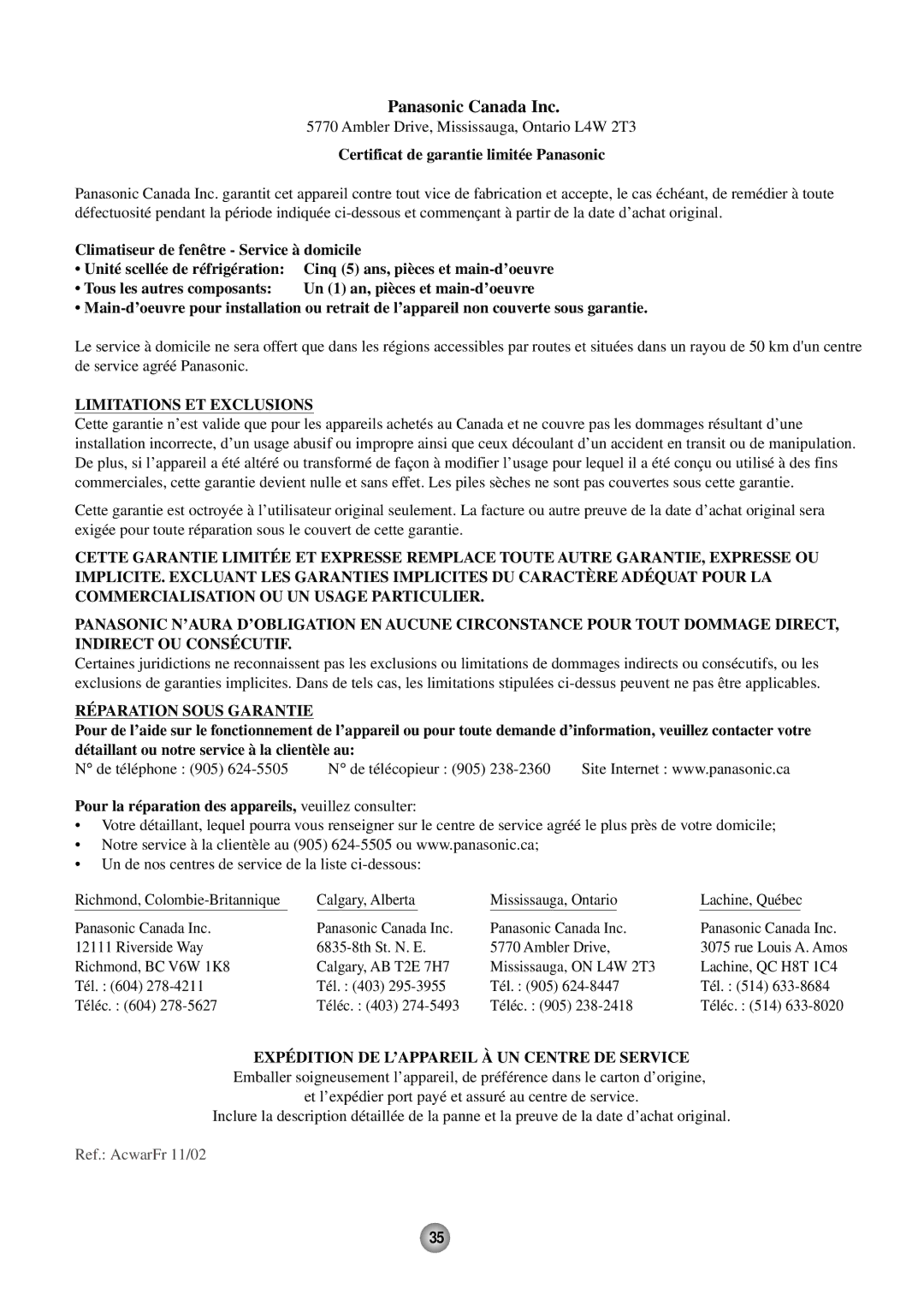 Panasonic CW-C53GK, CW-C53HU operating instructions Limitations ET Exclusions 