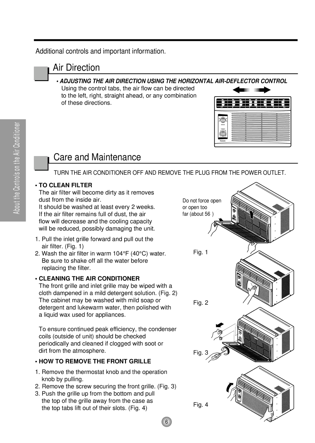 Panasonic CW-C53HU, CW-C53GK operating instructions Air Direction, Care and Maintenance 