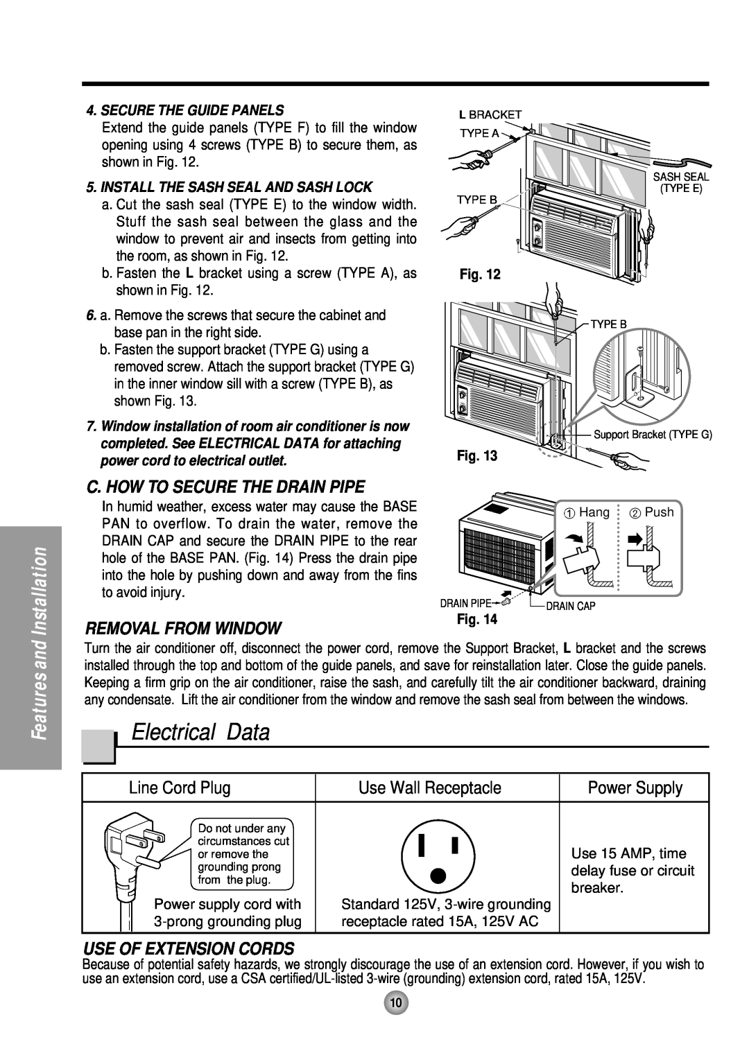Panasonic CW-C53HU Electrical Data, C. How To Secure The Drain Pipe, Removal From Window, Line Cord Plug, Power Supply 