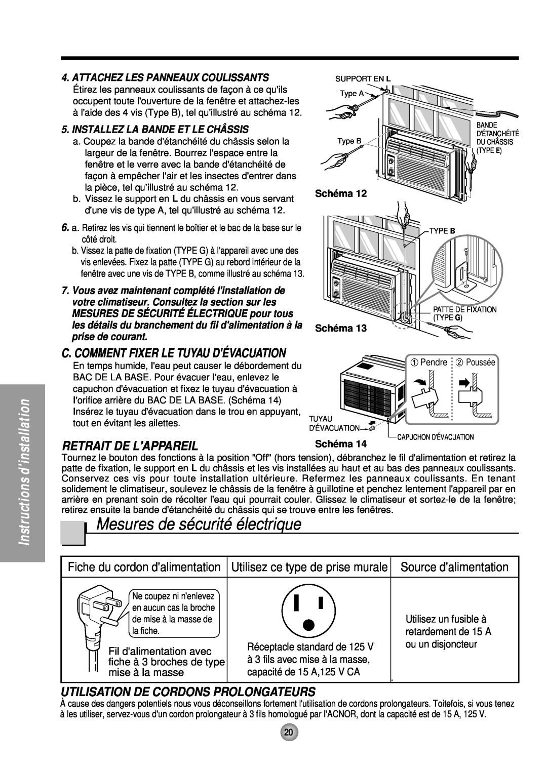 Panasonic CW-C53HU Mesures de sécurité électrique, Retrait De Lappareil, Fiche du cordon dalimentation, dinstallation 