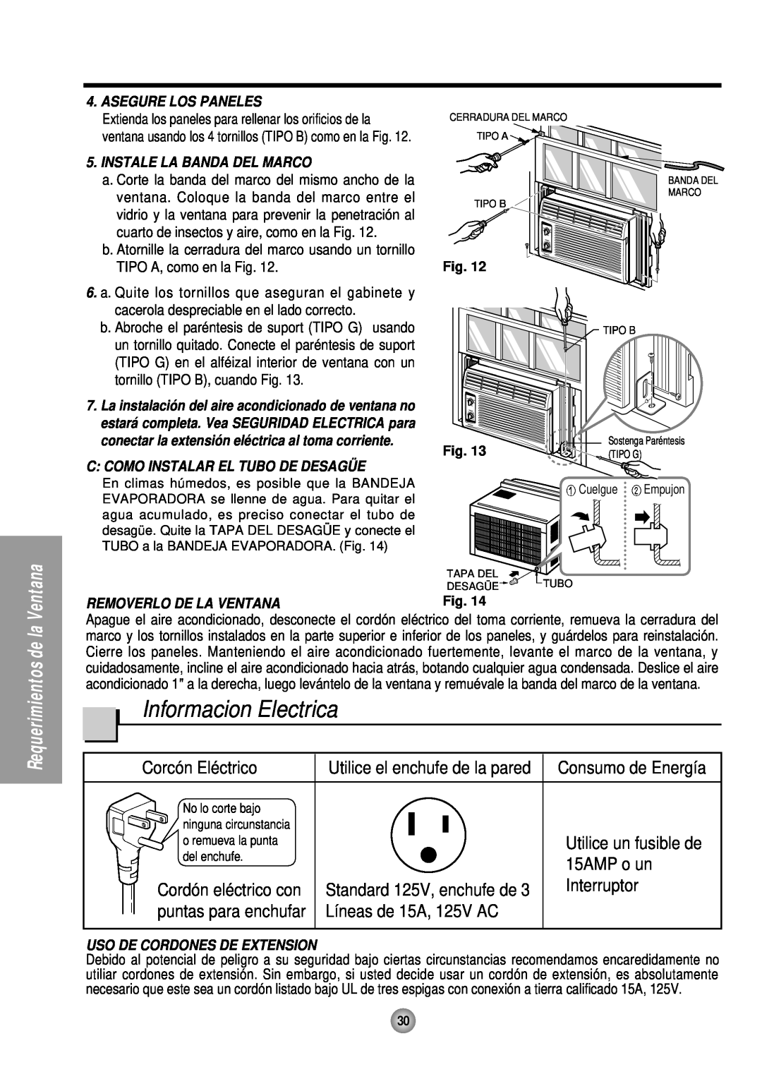 Panasonic CW-C53HU Informacion Electrica, Corcón Eléctrico, Utilice el enchufe de la pared, 15AMP o un, Interruptor 