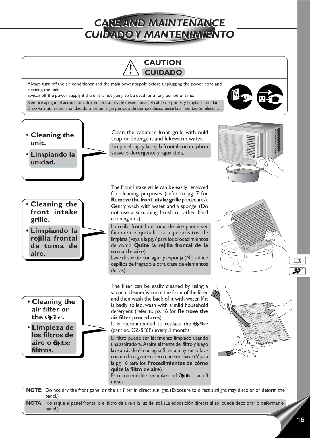 Panasonic CW-C60YU, CW-C80YU operating instructions Care and Maintenance Cuidadoy Mantenimiento 