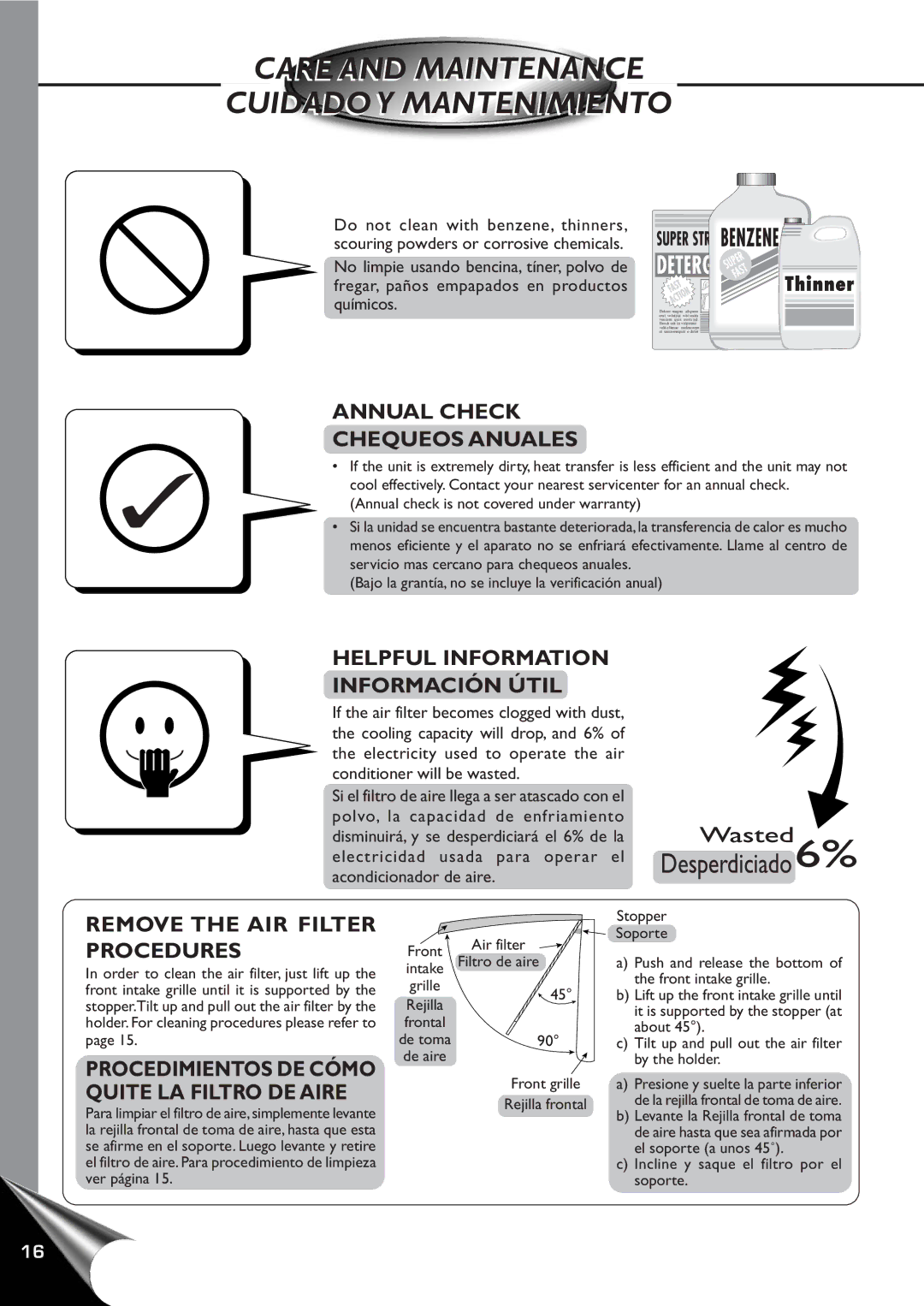 Panasonic CW-C80YU Annual Check Chequeos Anuales, Helpful Information Información Útil, Remove the AIR Filter Procedures 