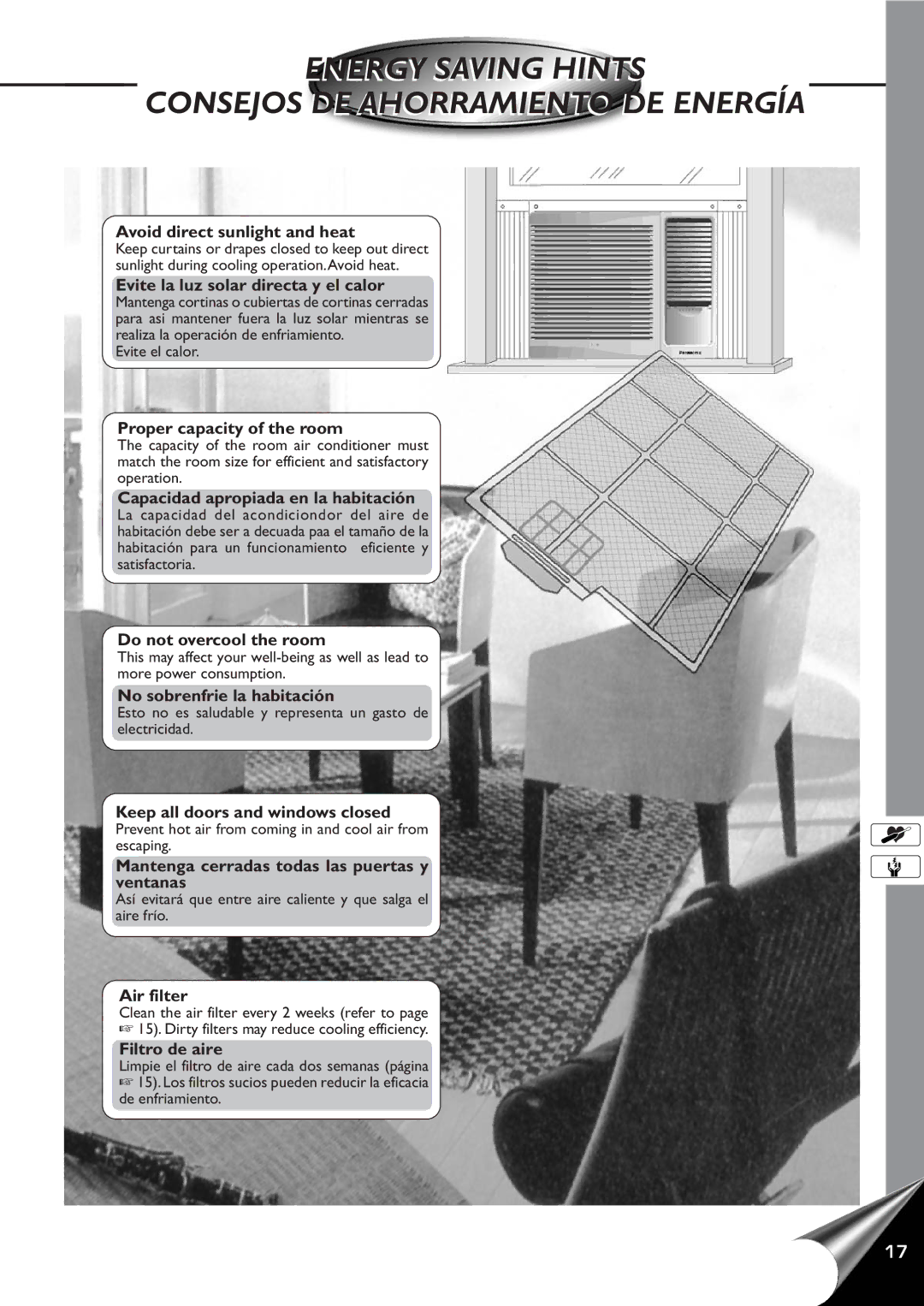 Panasonic CW-C60YU, CW-C80YU operating instructions Energy Saving Hints Consejos DE Ahorramiento DE Energía, Evite el calor 