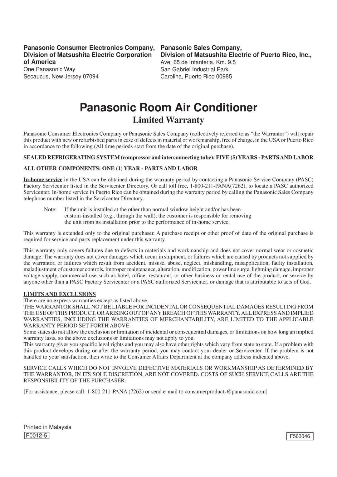 Panasonic CW-C80YU, CW-C60YU operating instructions Panasonic Room Air Conditioner 