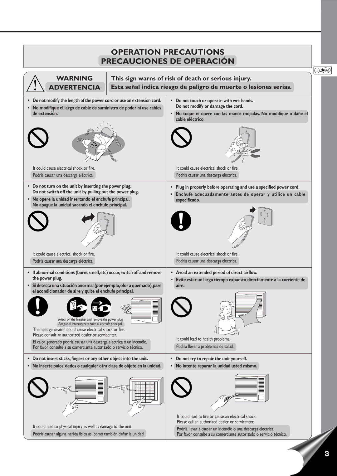 Panasonic CW-C60YU Operation Precautions Precauciones DE Operación, Advertencia, Podría llevar a problemas de salud 