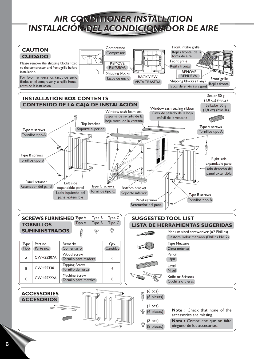 Panasonic CW-C80YU, CW-C60YU Installation BOX Contents, Contenido DE LA Caja DE Instalación, Tornillos, Sumininstrados 