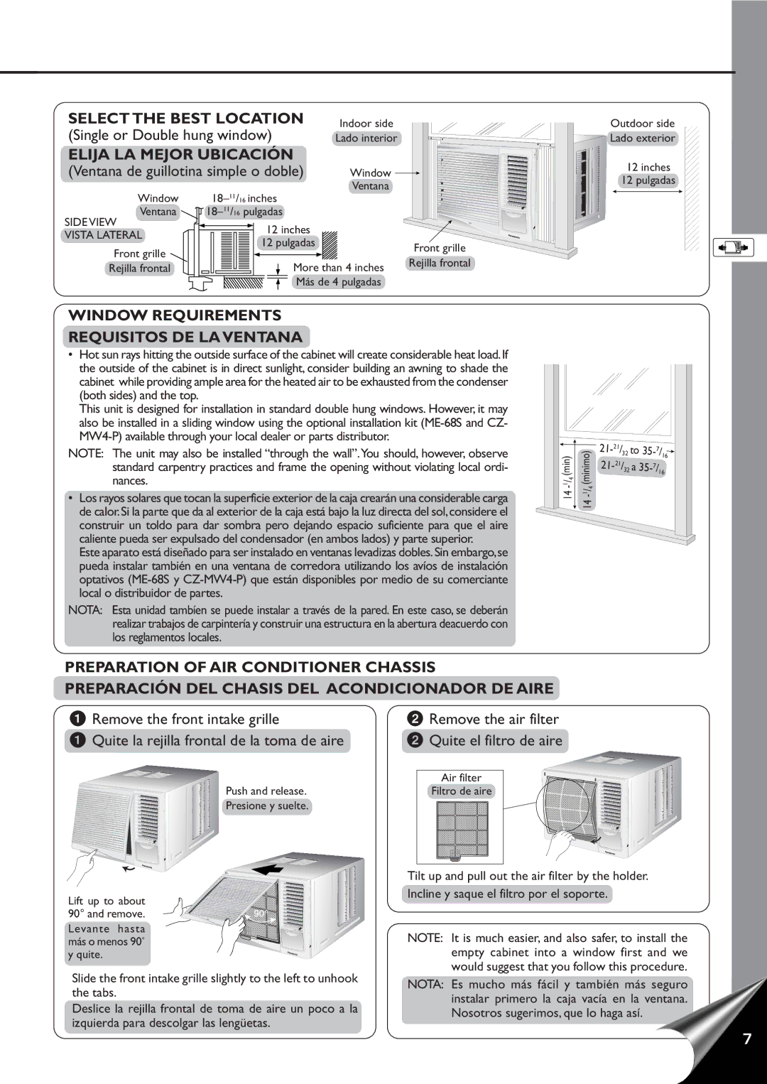 Panasonic CW-C60YU Select the Best Location, Elija LA Mejor Ubicación, Window Requirements Requisitos DE LA Ventana 