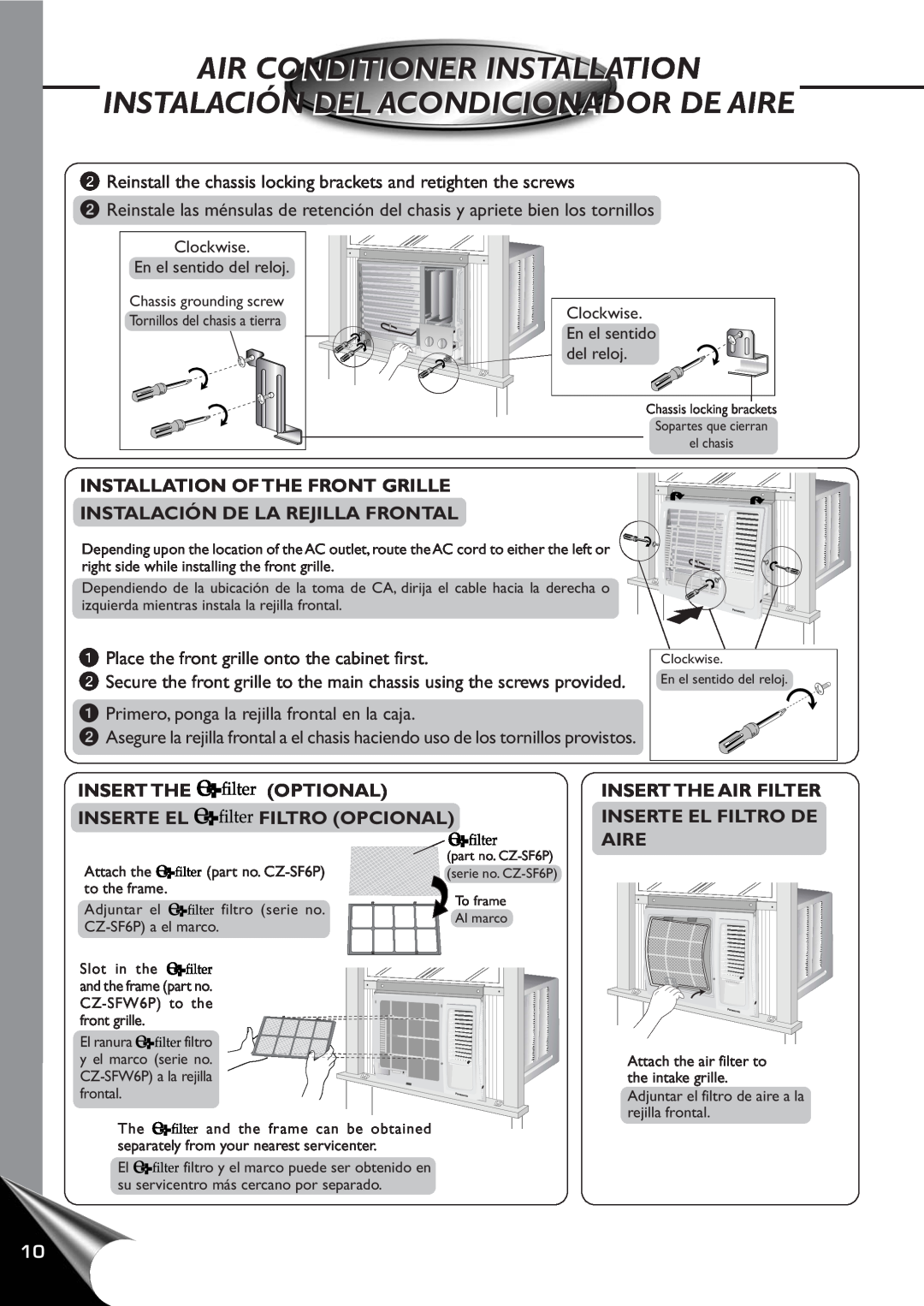 Panasonic CW-C80YU Air Conditioner Installation, Instalación Del Acondicionador De Aire, Installation Of The Front Grille 