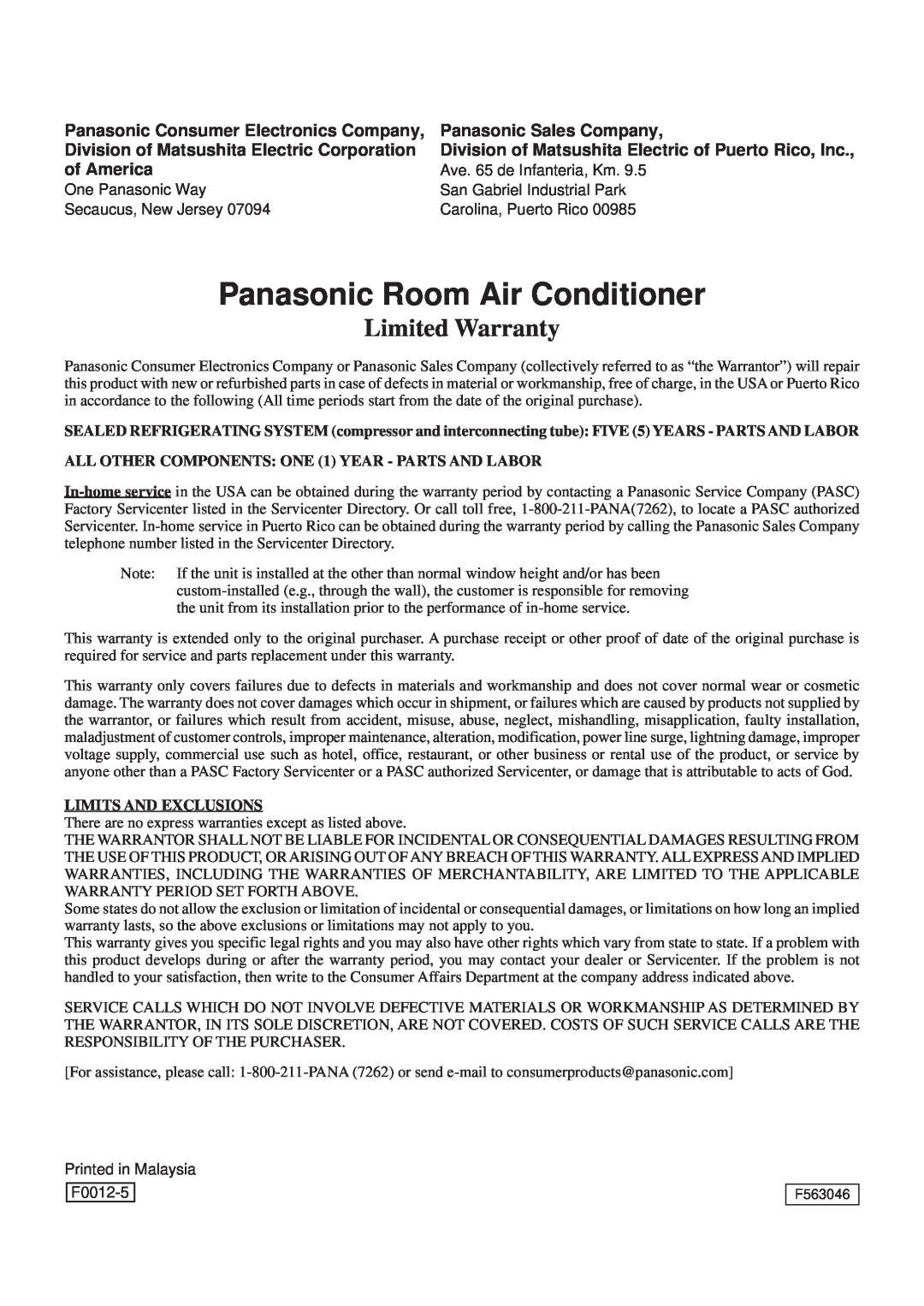 Panasonic CW-C80YU Panasonic Room Air Conditioner, Limited Warranty, Panasonic Consumer Electronics Company, of America 