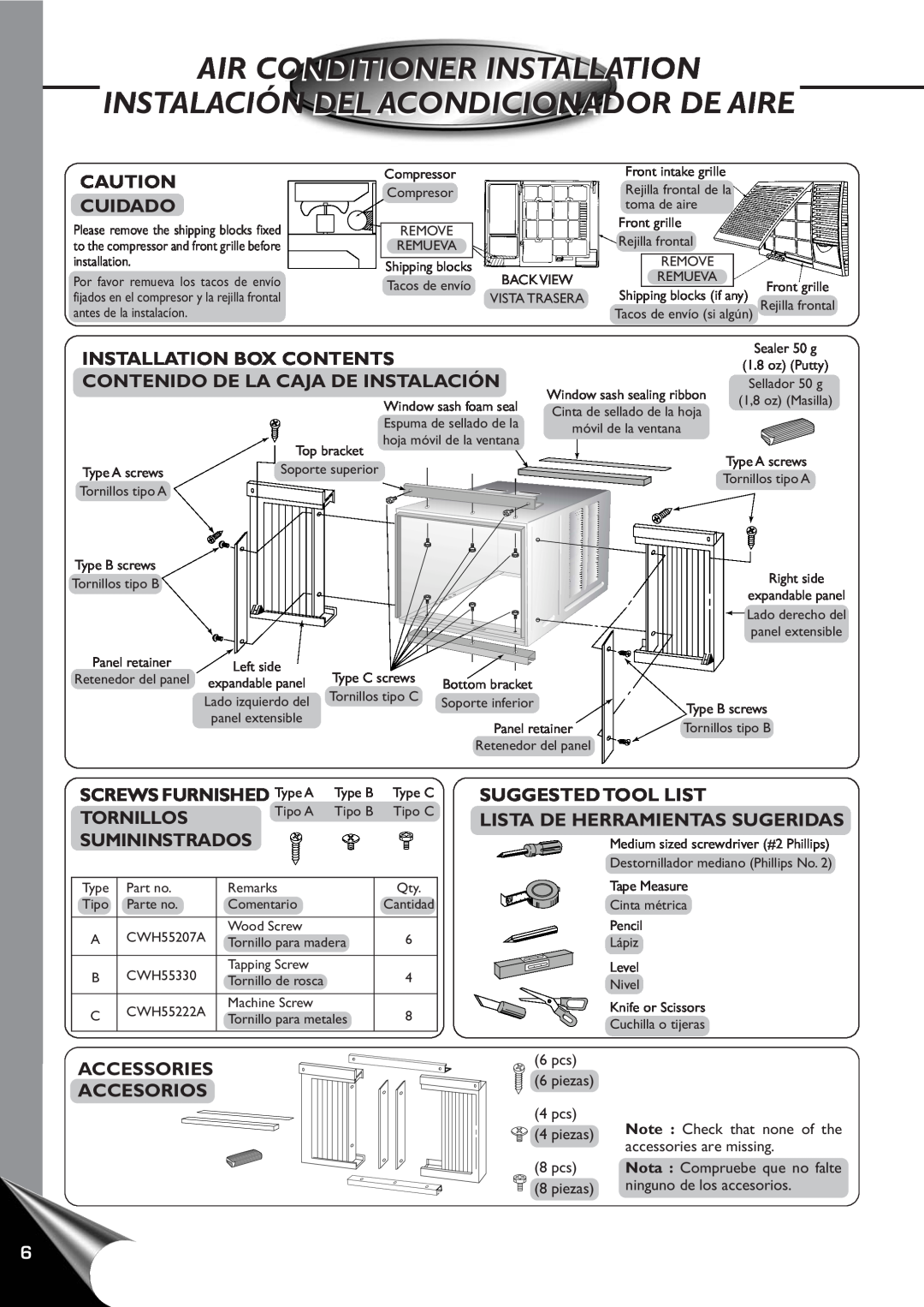 Panasonic CW-C80YU Air Conditioner Installation, Instalación Del Acondicionador De Aire, Cuidado, SCREWS FURNISHED Type A 