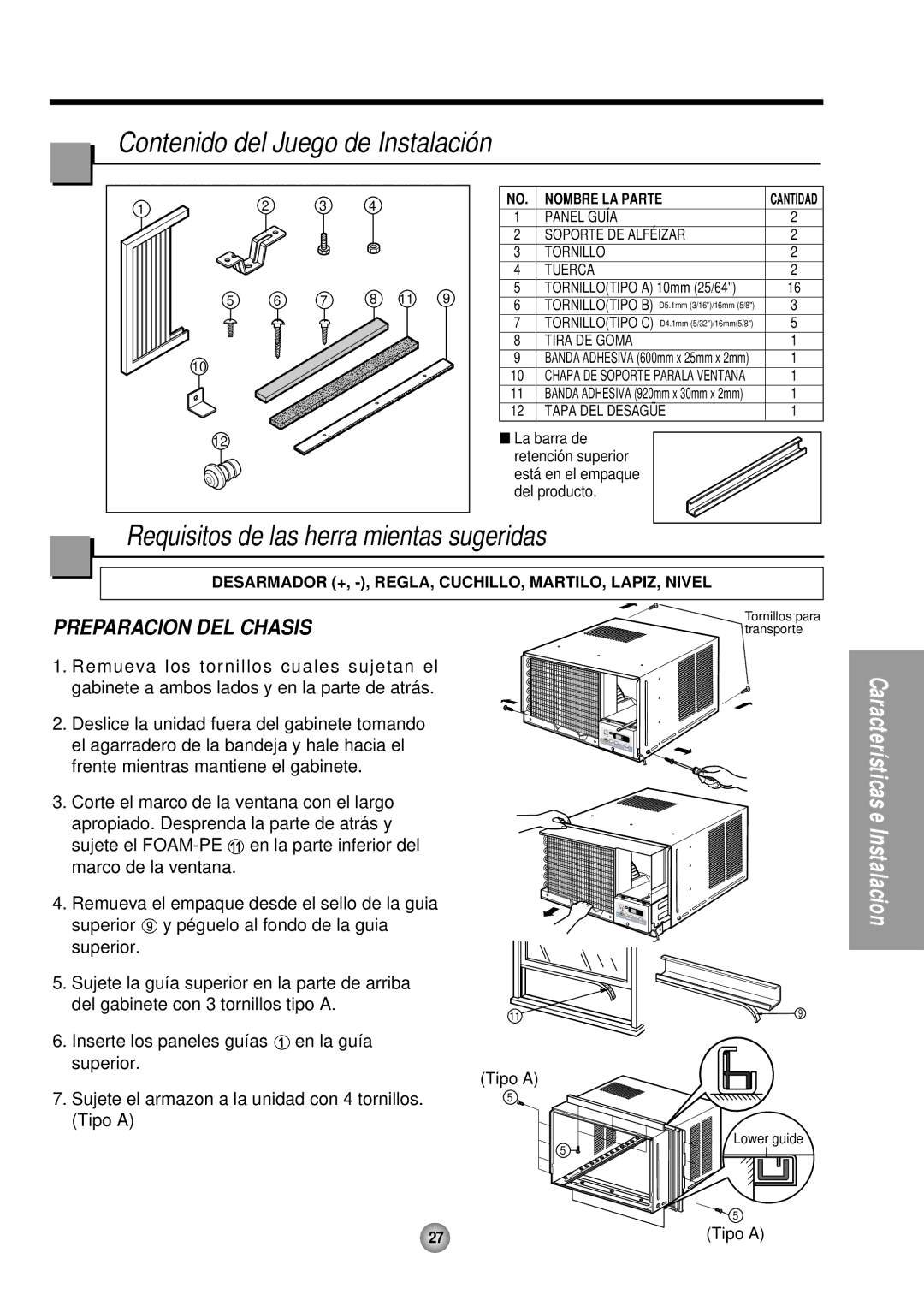 Panasonic CW-XC120HU, CW-XC100HU manual Contenido del Juego de Instalación, Requisitos de las herra mientas sugeridas 