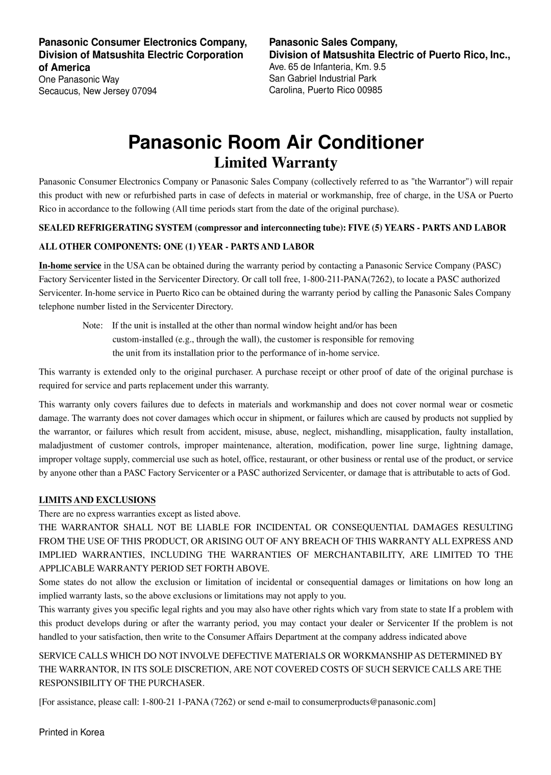 Panasonic CW-XC120HU, CW-XC100HU manual Panasonic Room Air Conditioner 